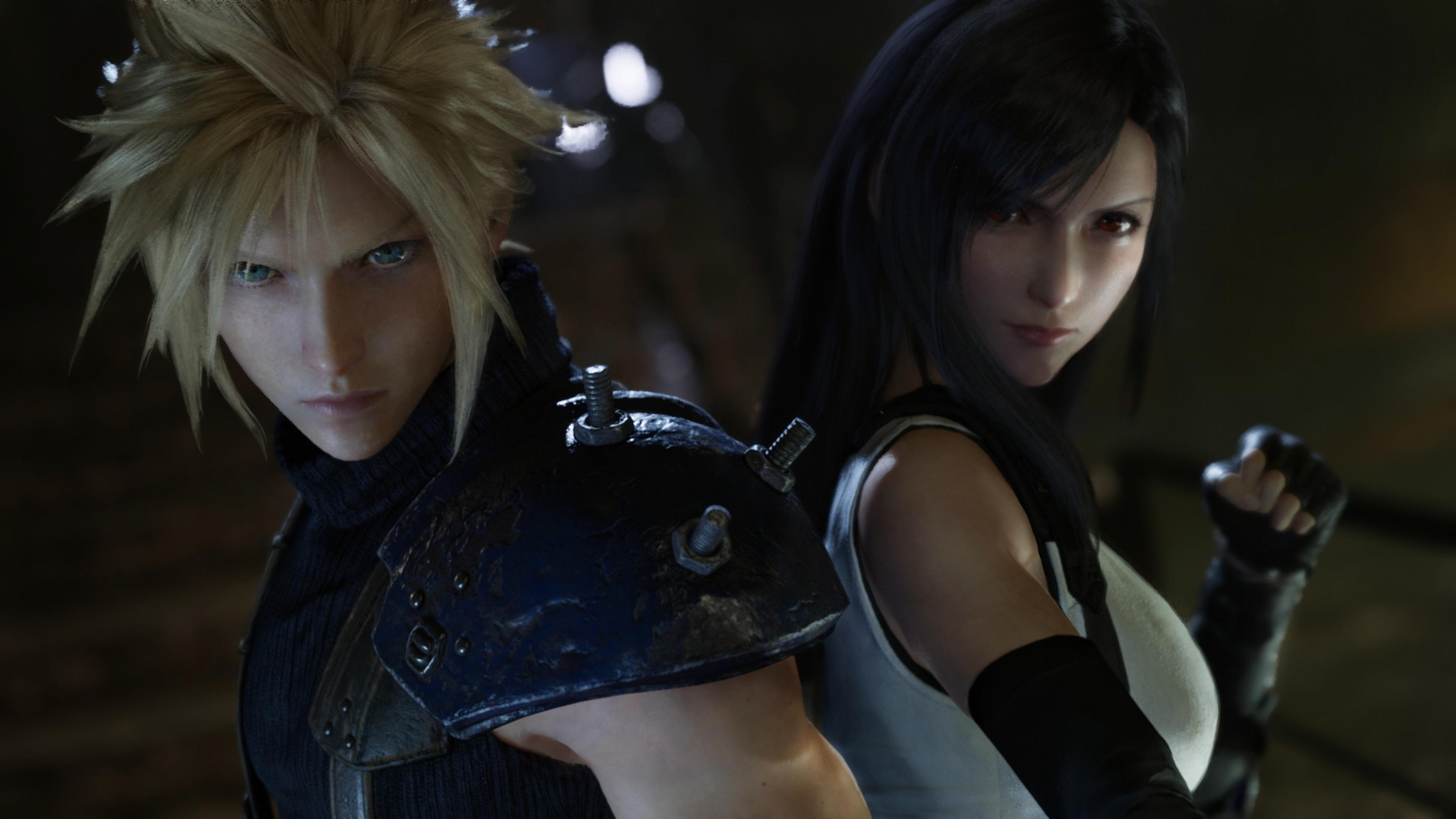 Cloud et Tifa se tiennent dos à dos en tenue sombre.