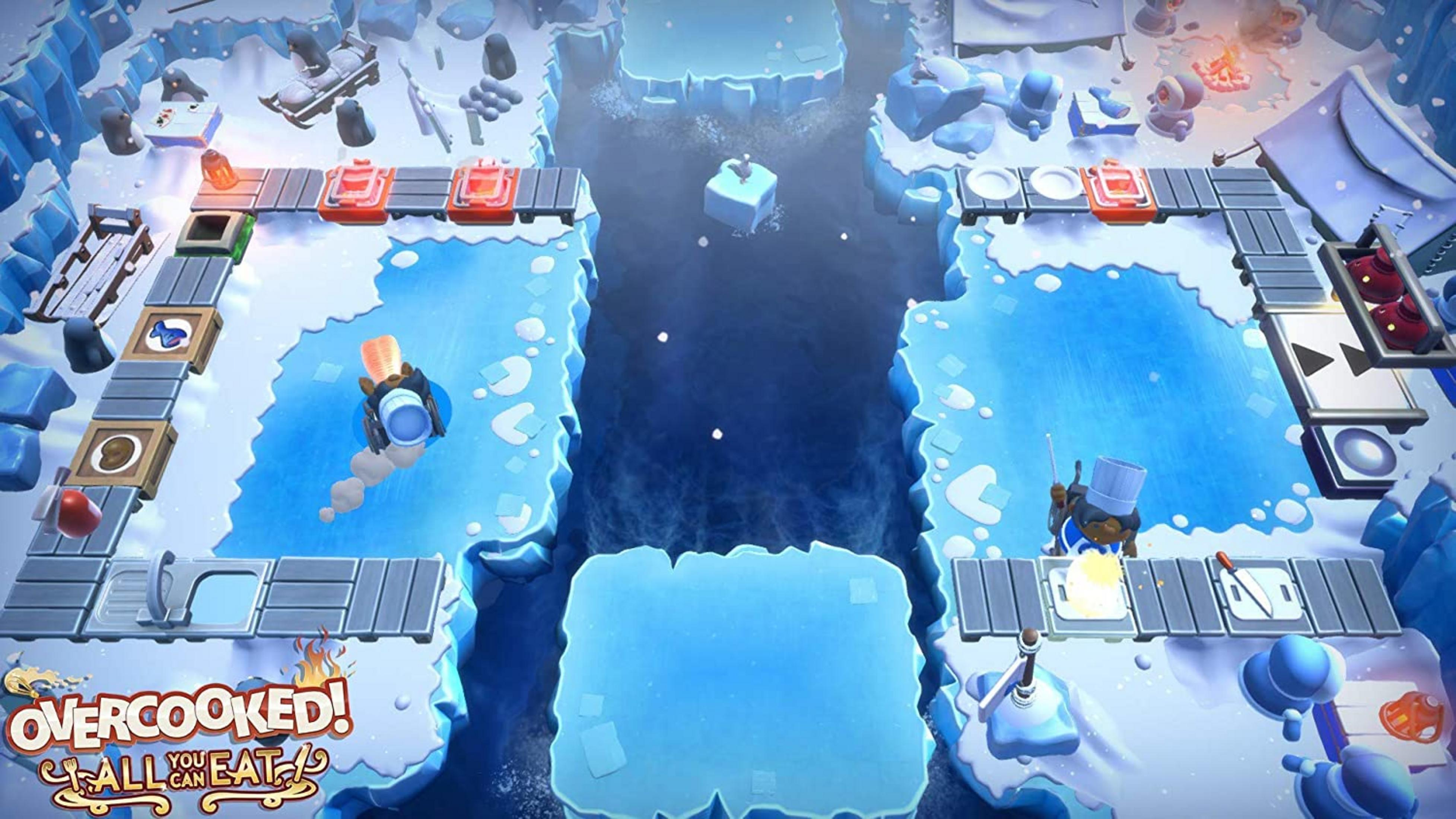 Spieler kochen auf Eisplattformen mit tiefem Wasser dazwischen. Pinguine und Schnee sind vorhanden.