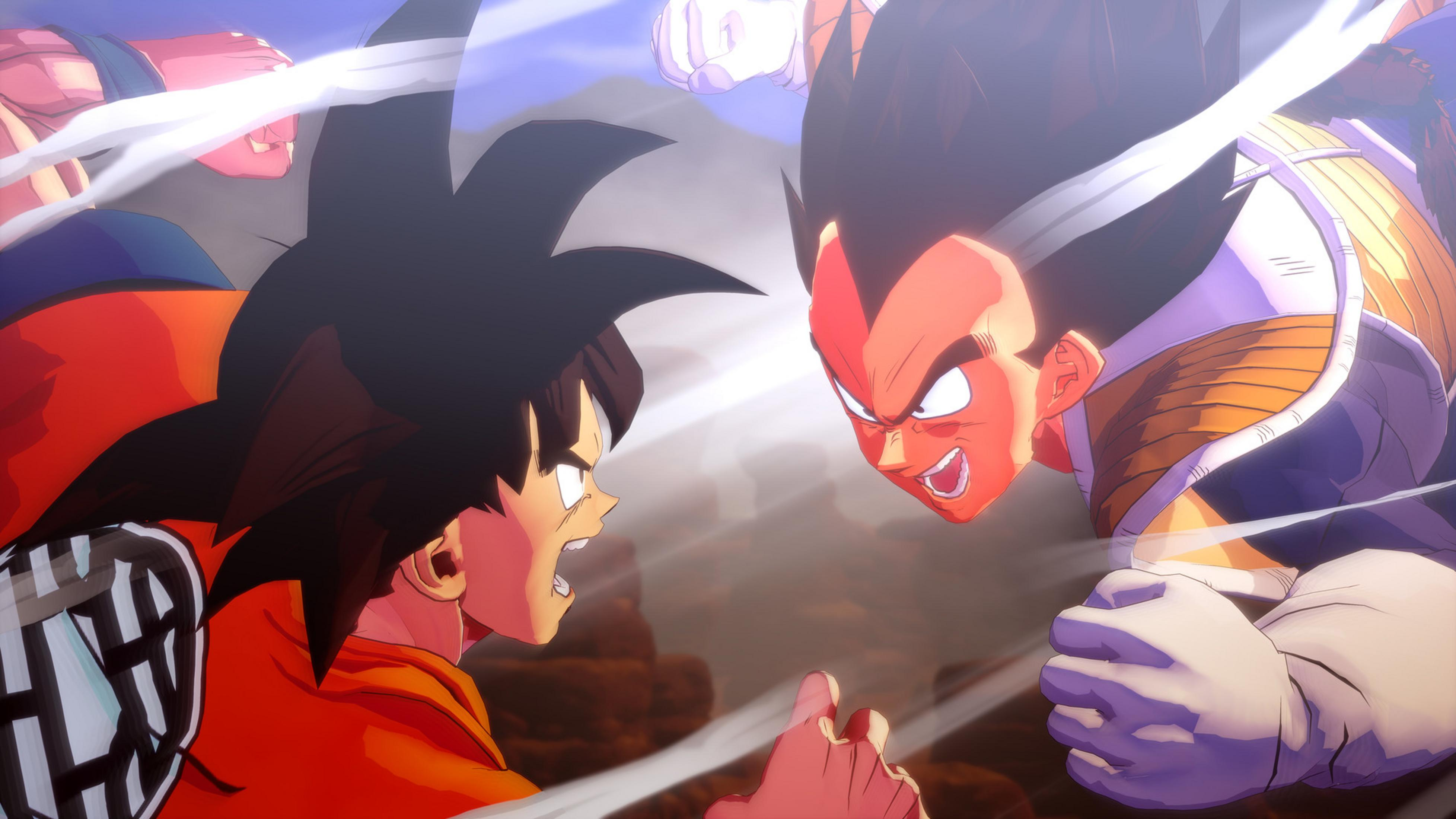 Goku und Vegeta kämpfen mit Fäusten in der Luft, umgeben von Rauch.