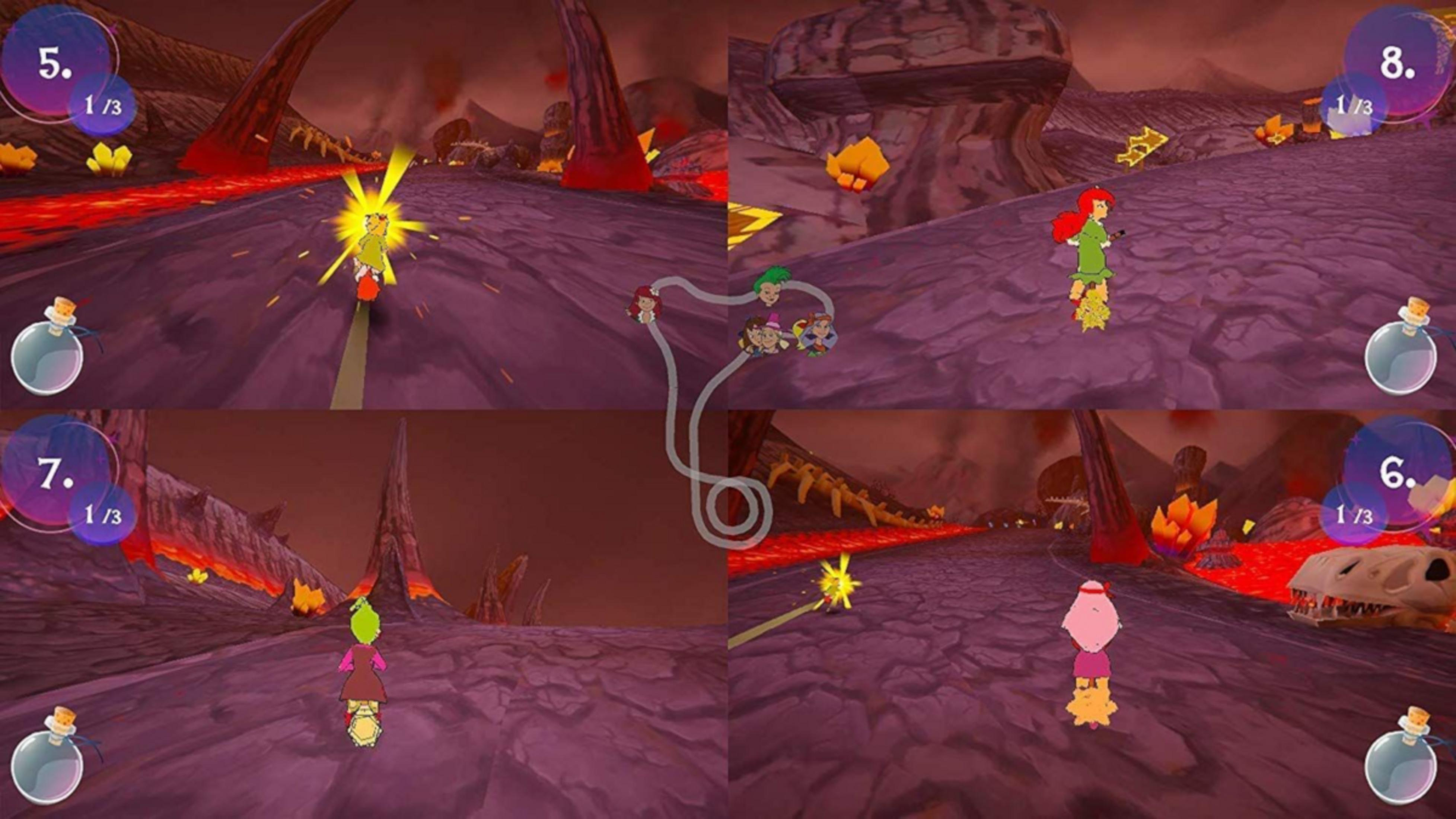 Vier Spielszenen zeigen ein Rennen durch eine Lavawelt mit Cartoon-Figuren.