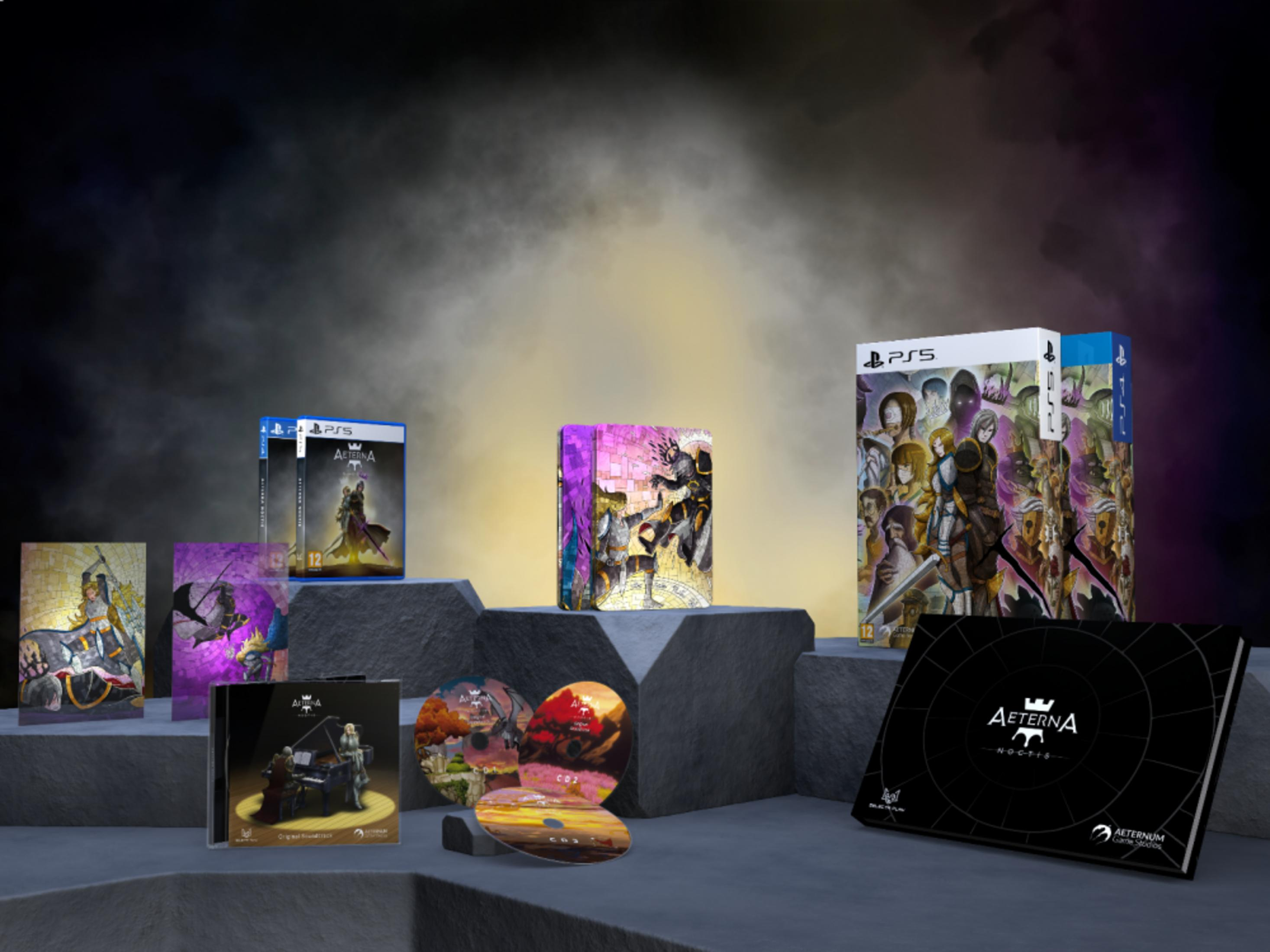 Giochi PS5, CD e un libro con l'etichetta 'Aeterna Noctis'.