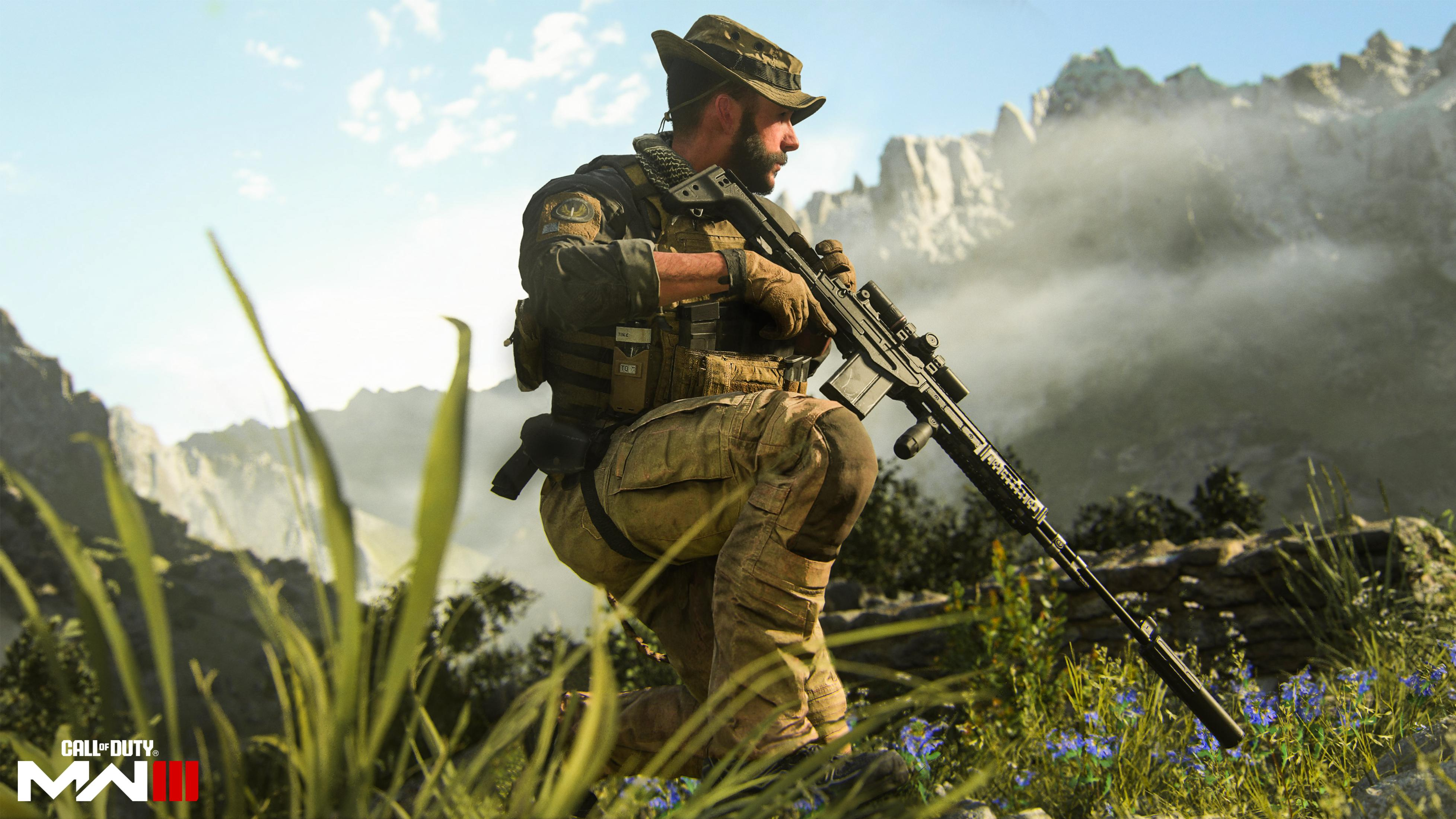 Soldat kniet in Wüste mit Gewehr, Berge im Hintergrund.