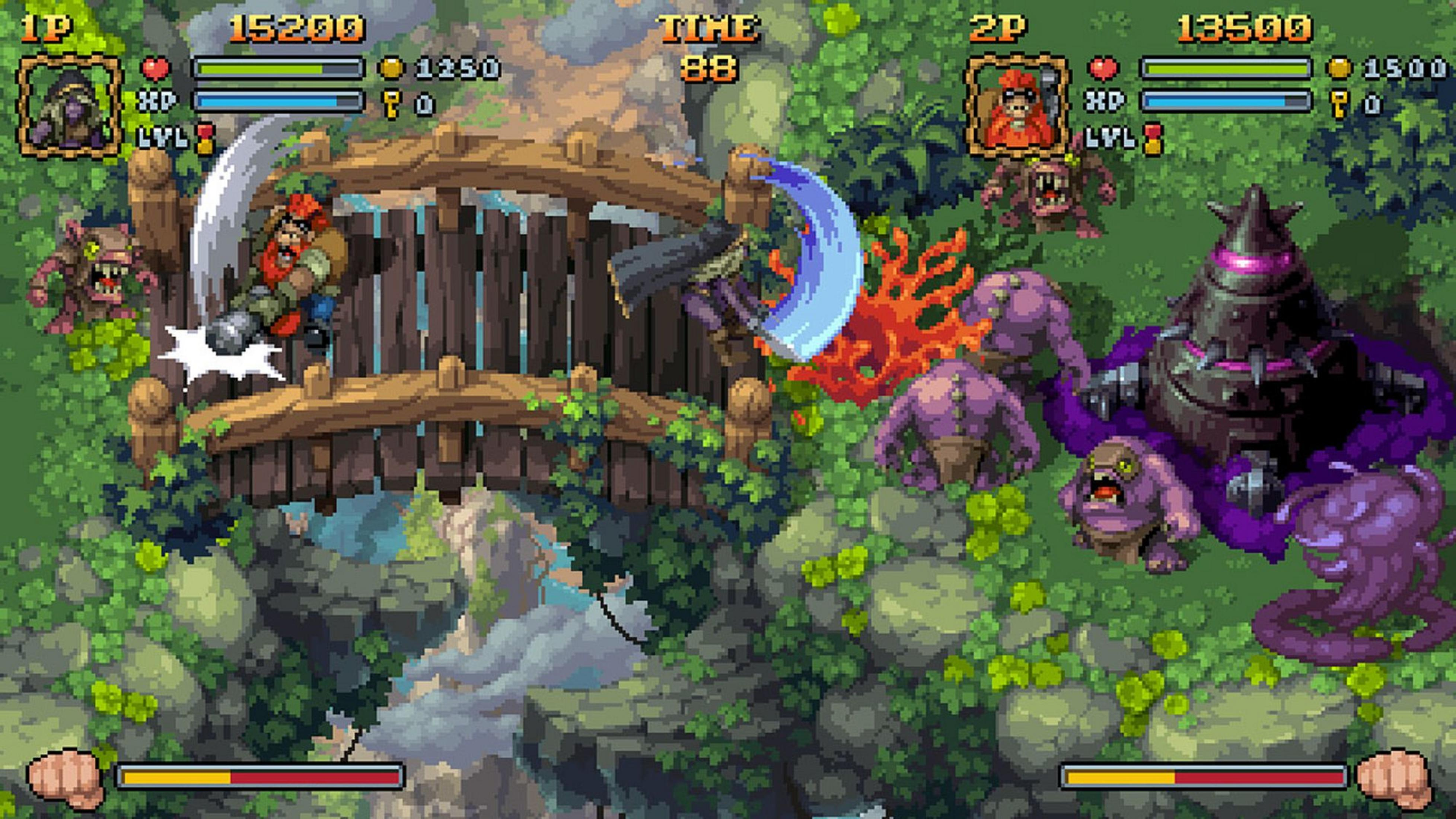 Zwei Spieler kämpfen gegen Monster auf einer Holzbrücke in einem Wald.