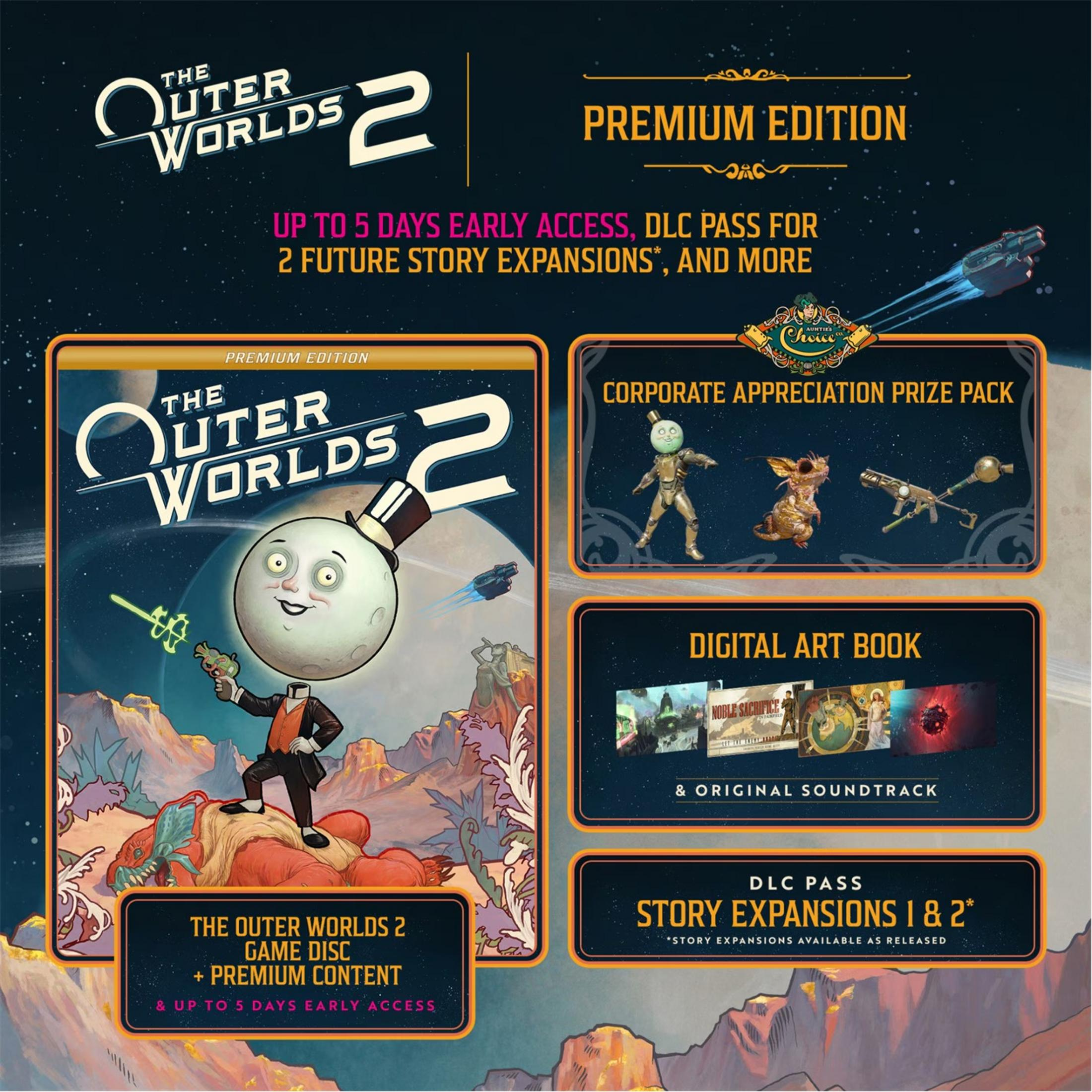 Arte promozionale per 'The Outer Worlds 2 Premium Edition' con copertina e dettagli.