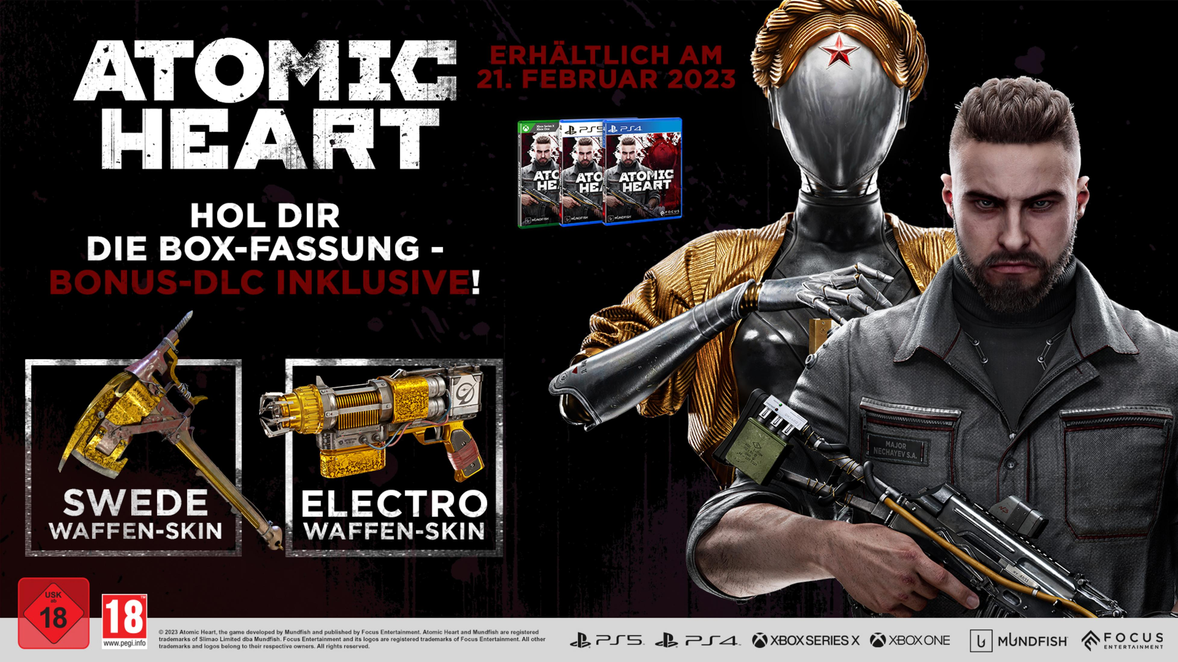 Atomic Heart: Uomo con pistola vicino a robot. Copertina gioco e skin.