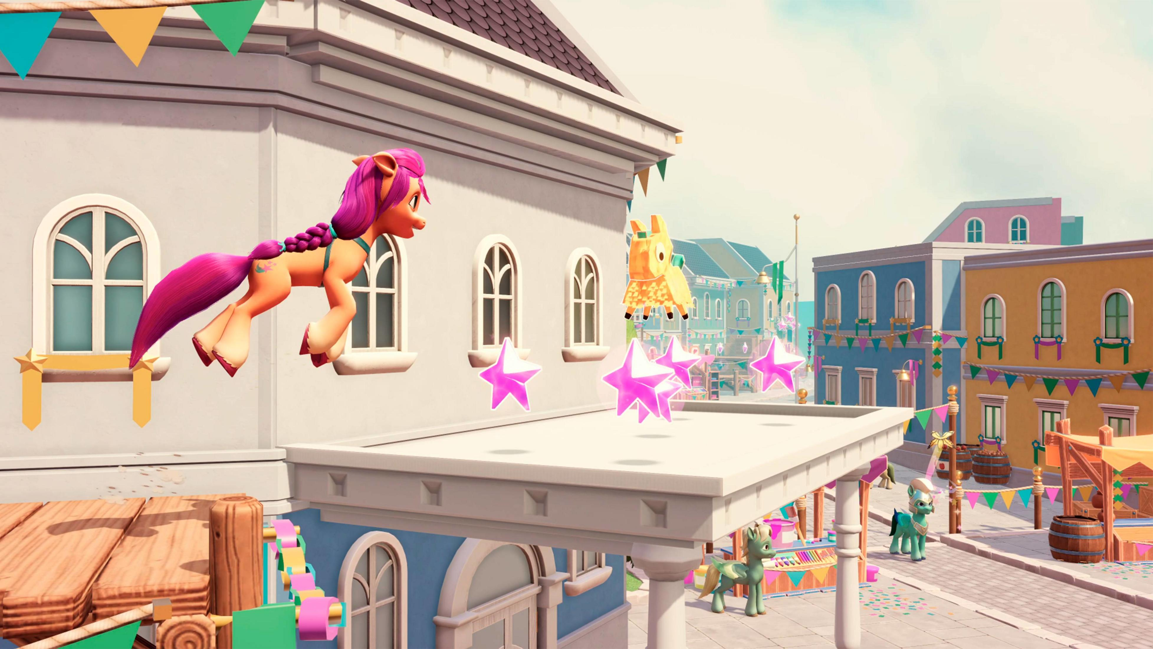 Un pony arancione con criniera rosa vola sopra un edificio. Ci sono stelle rosa.