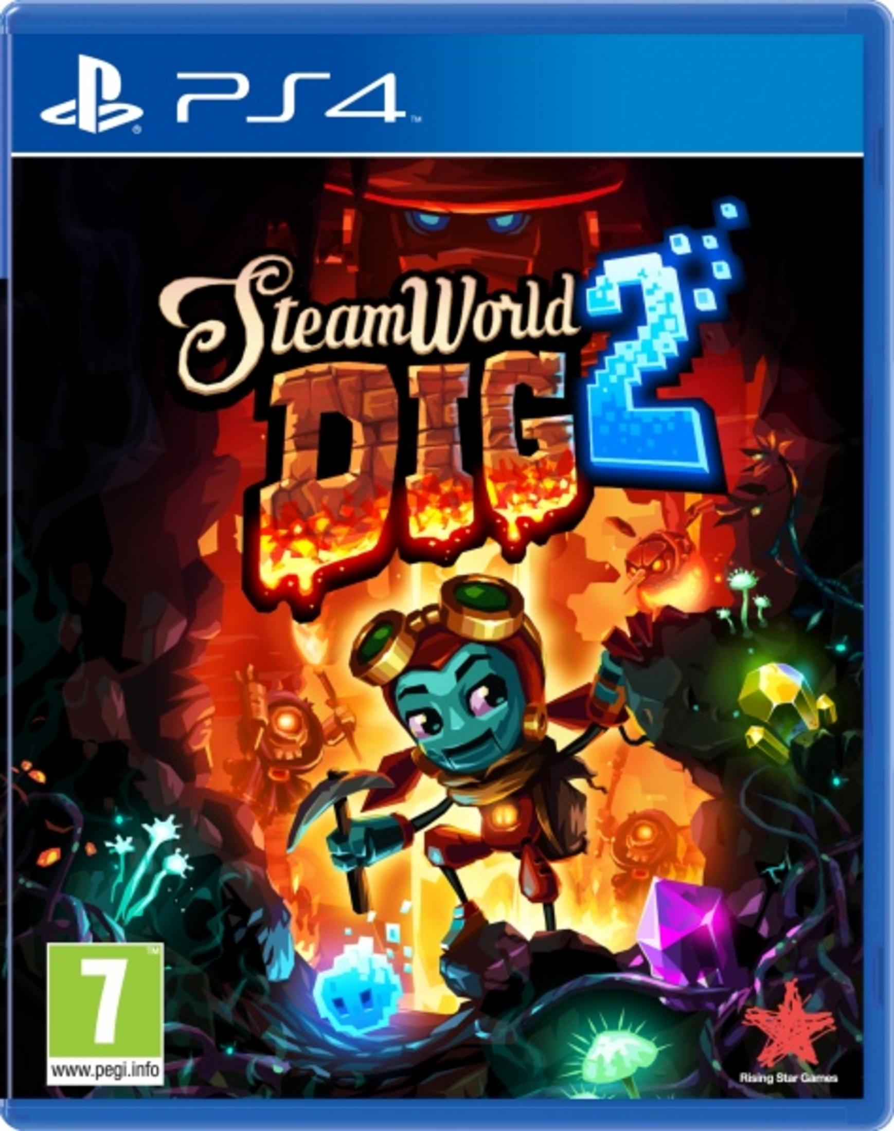 Copertina PS4 di SteamWorld Dig 2: Minatore robot con piccone in grotta rocciosa e luminosa.