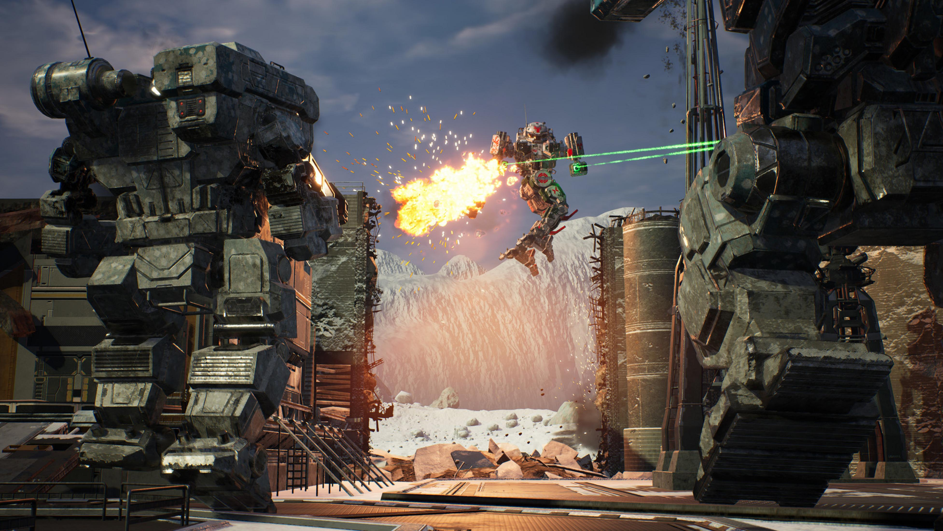 Zwei riesige Mechs kämpfen in einer verschneiten Landschaft. Einer feuert eine Flammenlanze ab.
