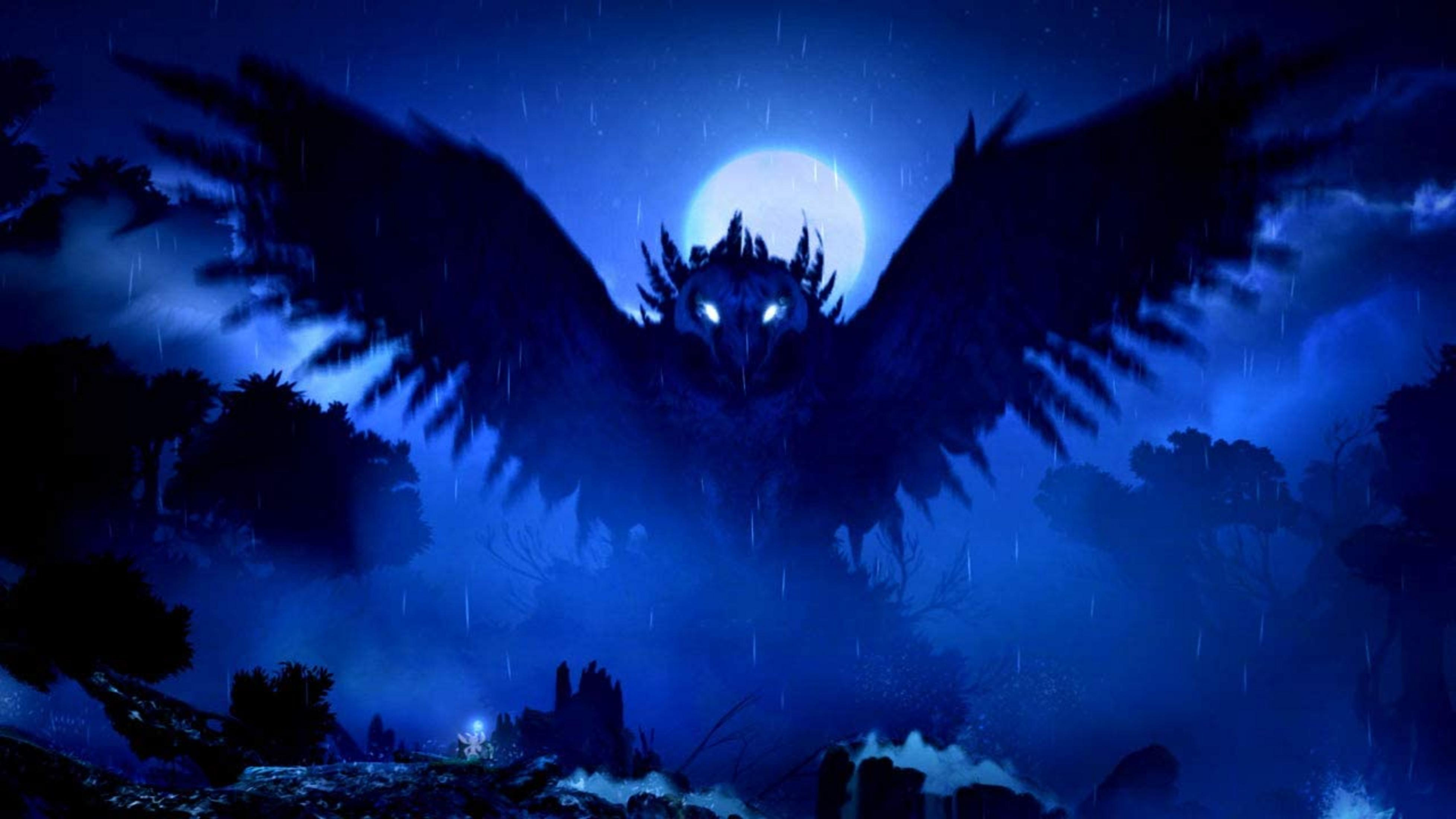 Ein dunkler Vogel mit leuchtenden Augen fliegt vor einem Vollmond im Regen.
