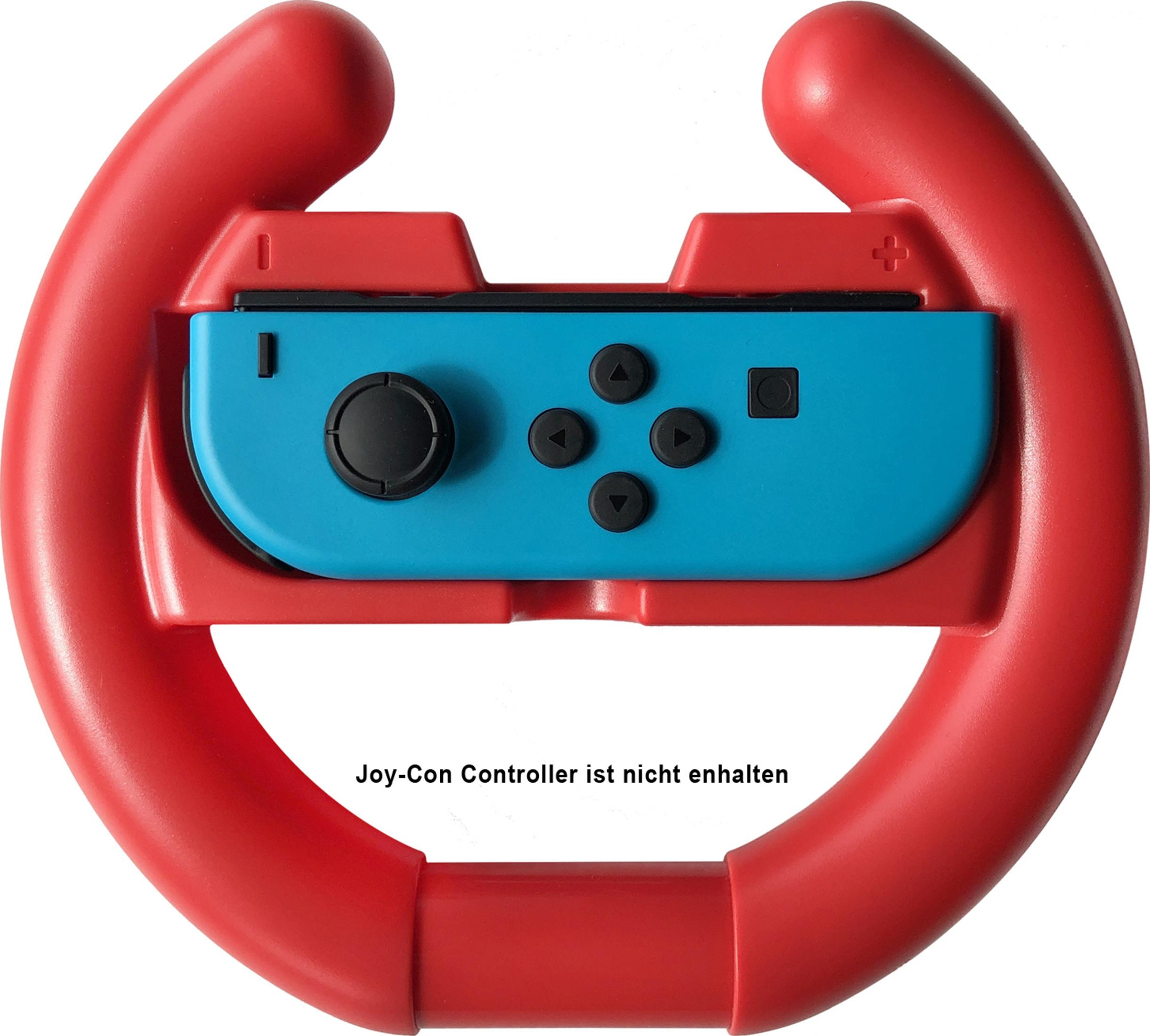 Ein roter Lenkradaufsatz für einen Nintendo Joy-Con Controller.