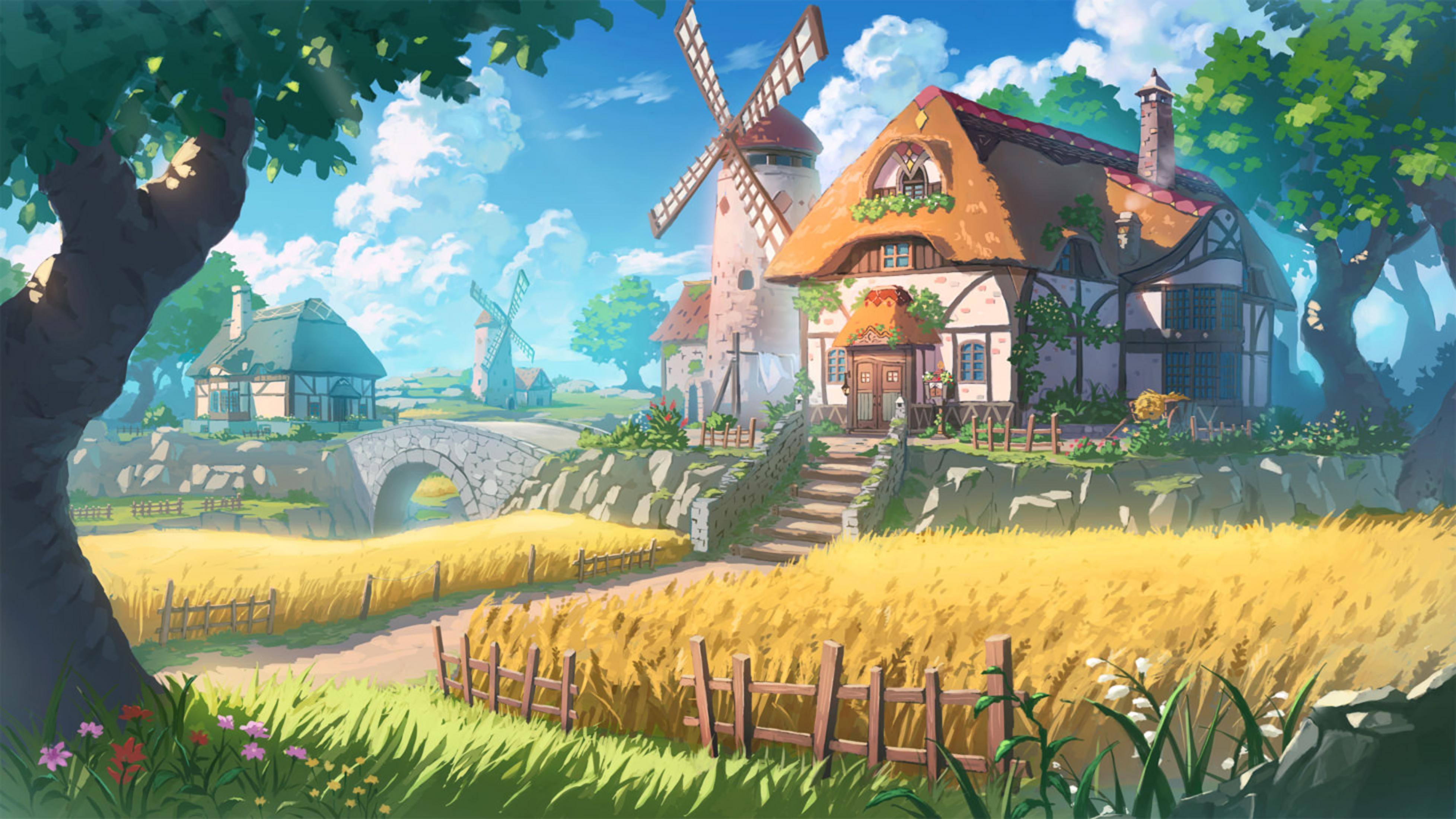 Eine ländliche Szene mit Fachwerkhäusern, Windmühlen und goldenen Feldern.