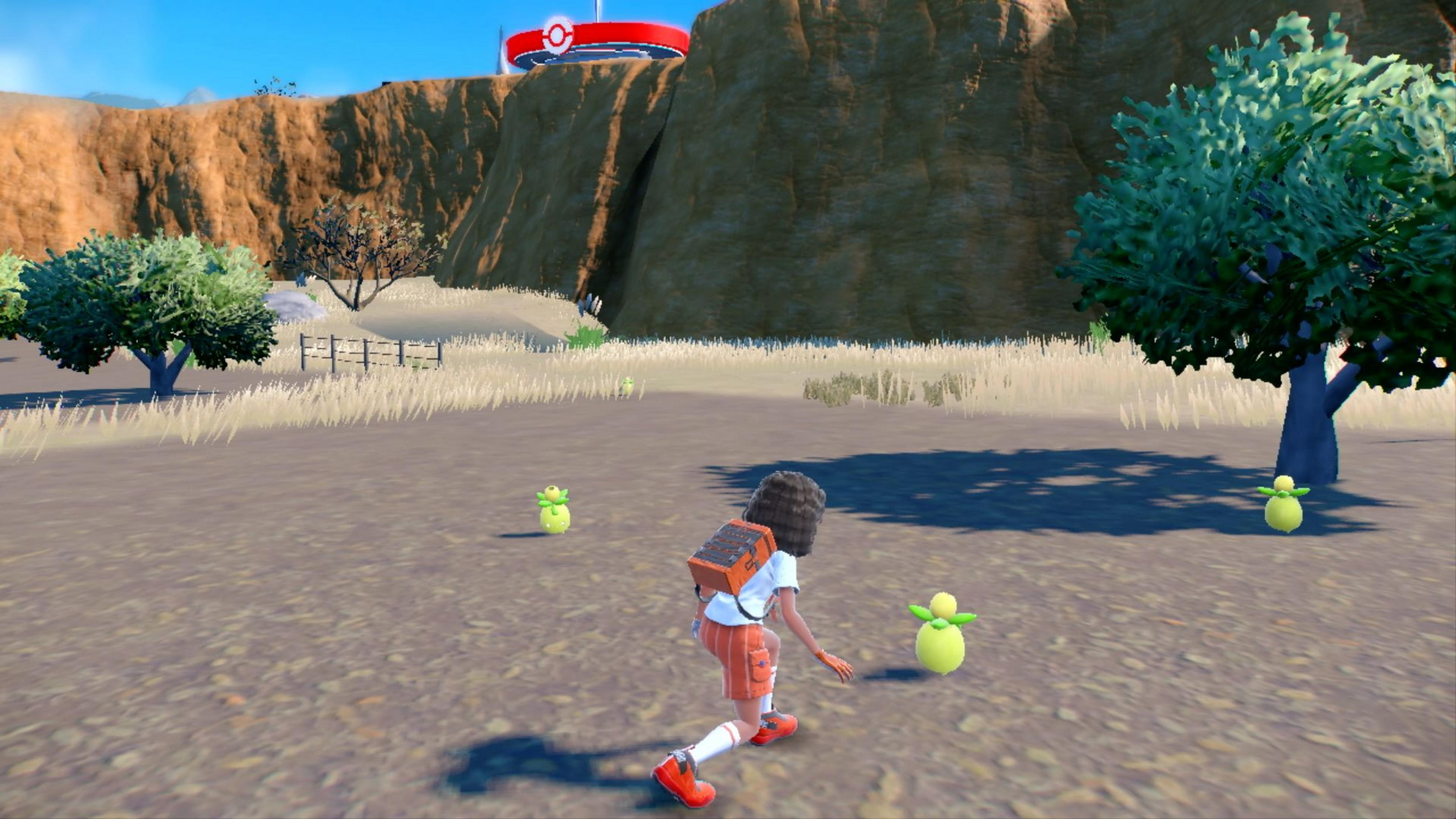 Dziecko z plecakiem klęczy na polu, patrząc na małe, zielone stworzenie.