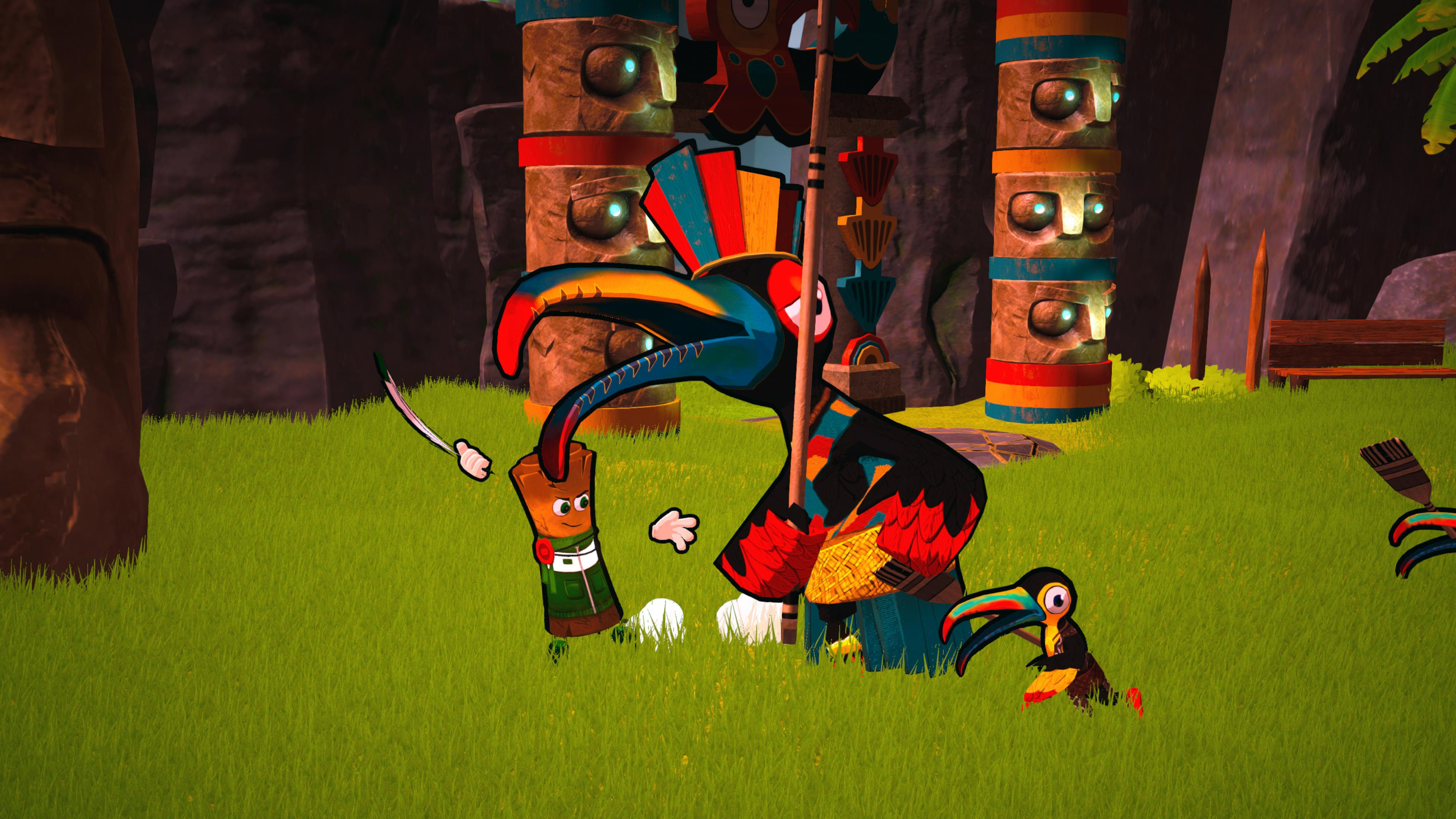 Ein Cartoon-Vogel mit einem bunten Schnabel steht im Gras neben Totempfählen.