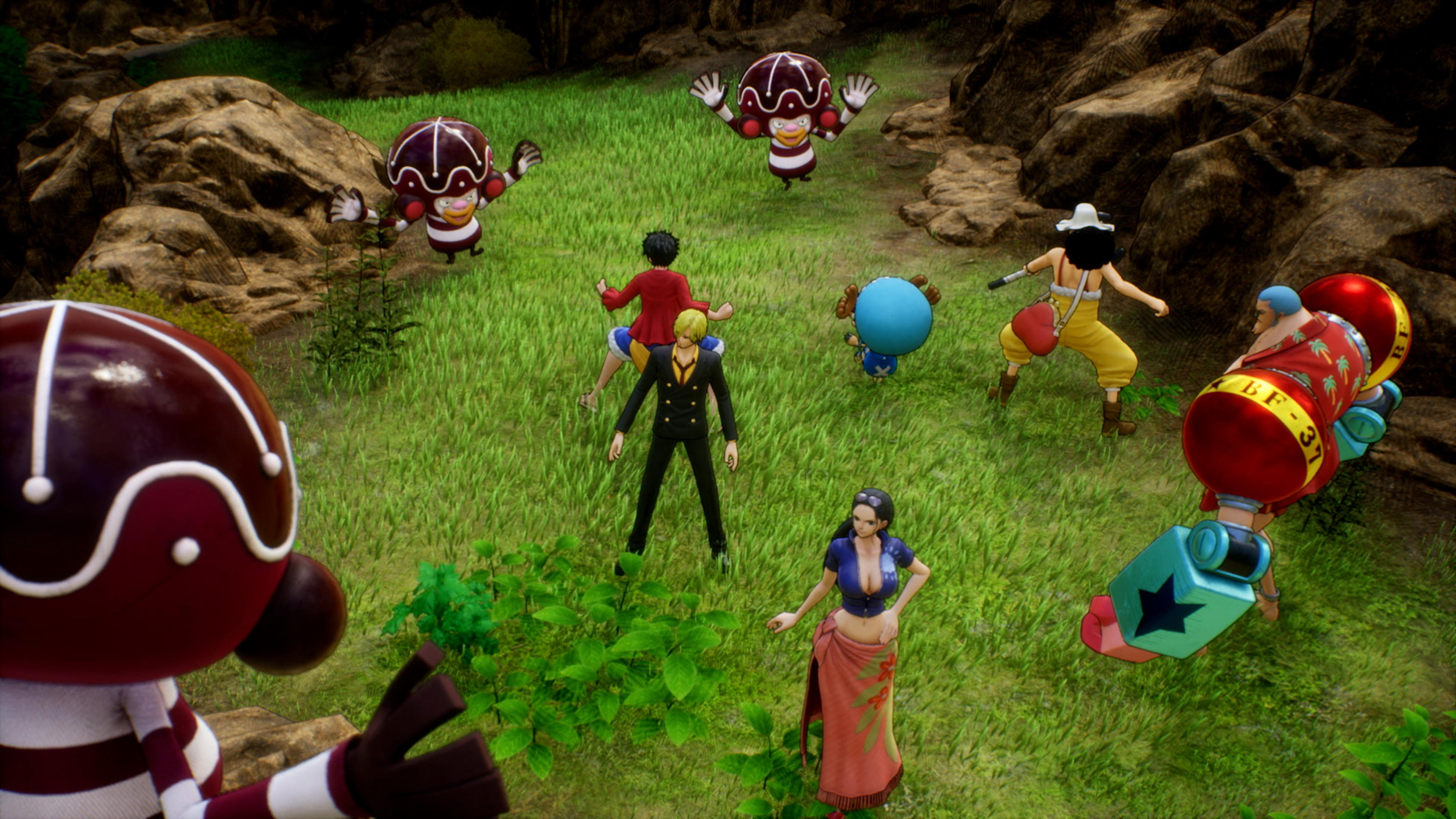 Personnages de One Piece sur une pelouse verte avec des rochers.