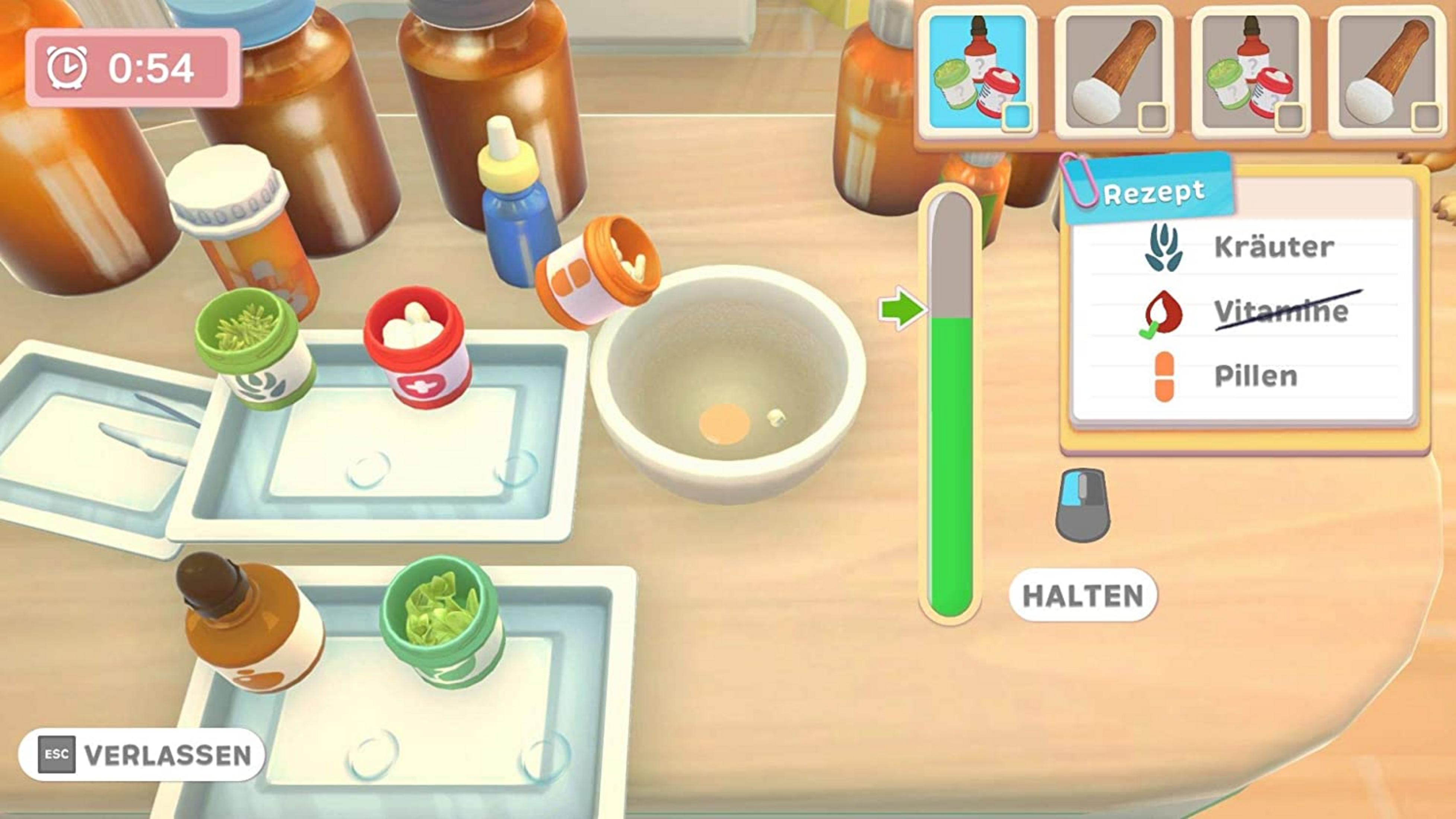 Ein Spielbildschirm zeigt Medikamentenflaschen, Mörser und ein Rezept mit Kräutern, Vitaminen und Pillen.