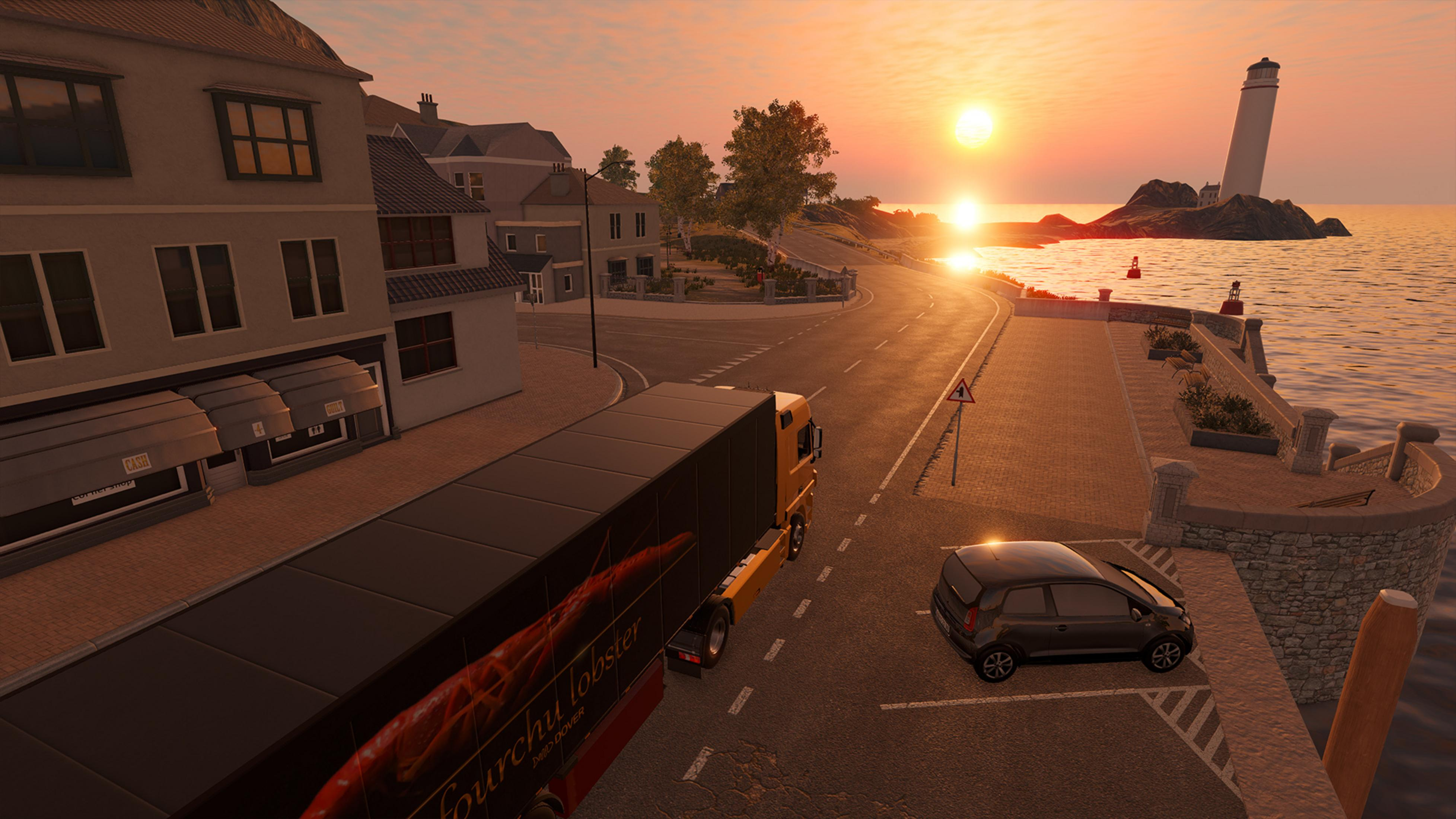 LKW mit Hummer-Aufdruck fährt am Sonnenuntergang entlang der Küstenstraße mit Leuchtturm.