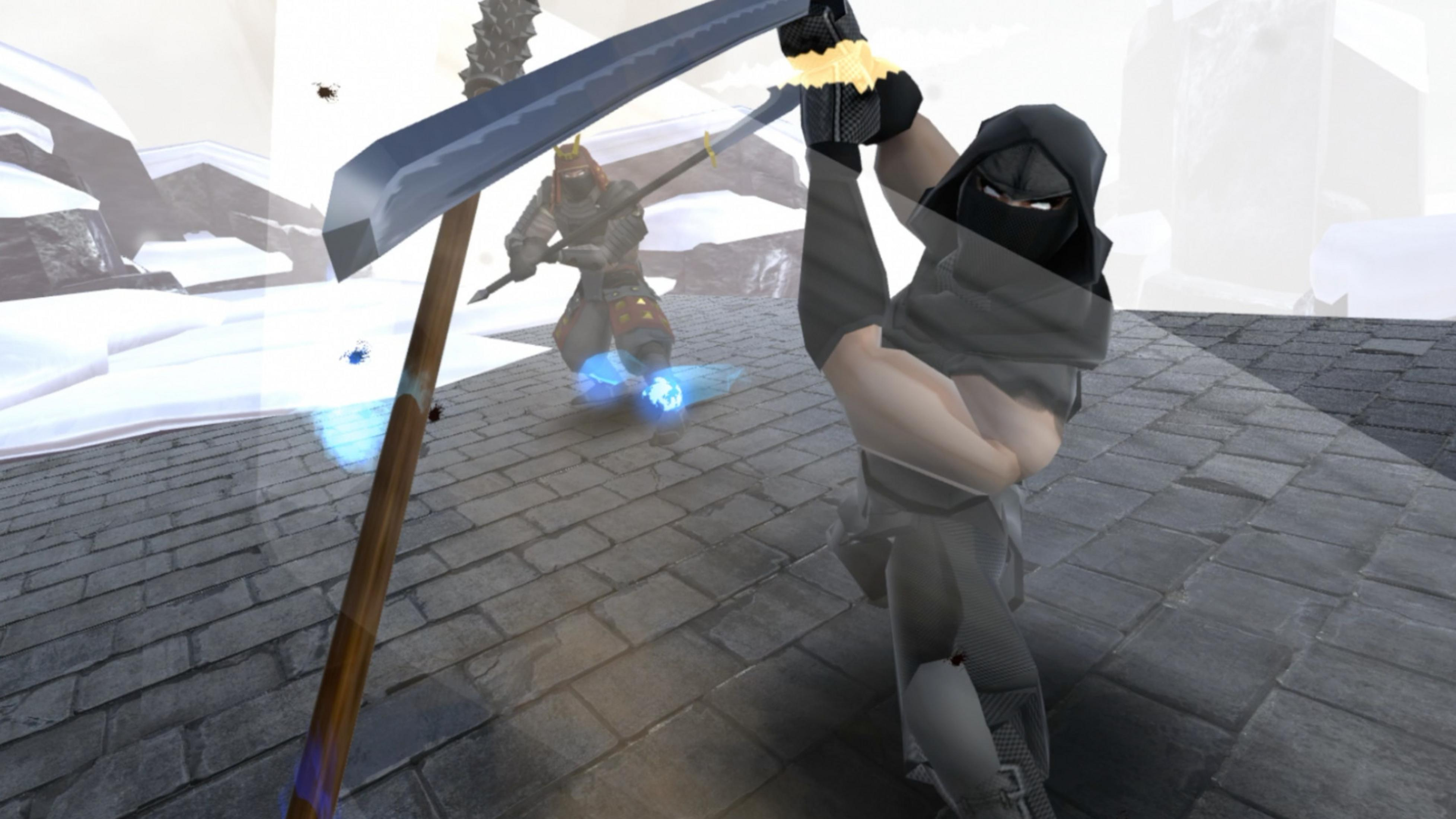 Un ninja à capuche brandit une faux, avec un samouraï en arrière-plan.