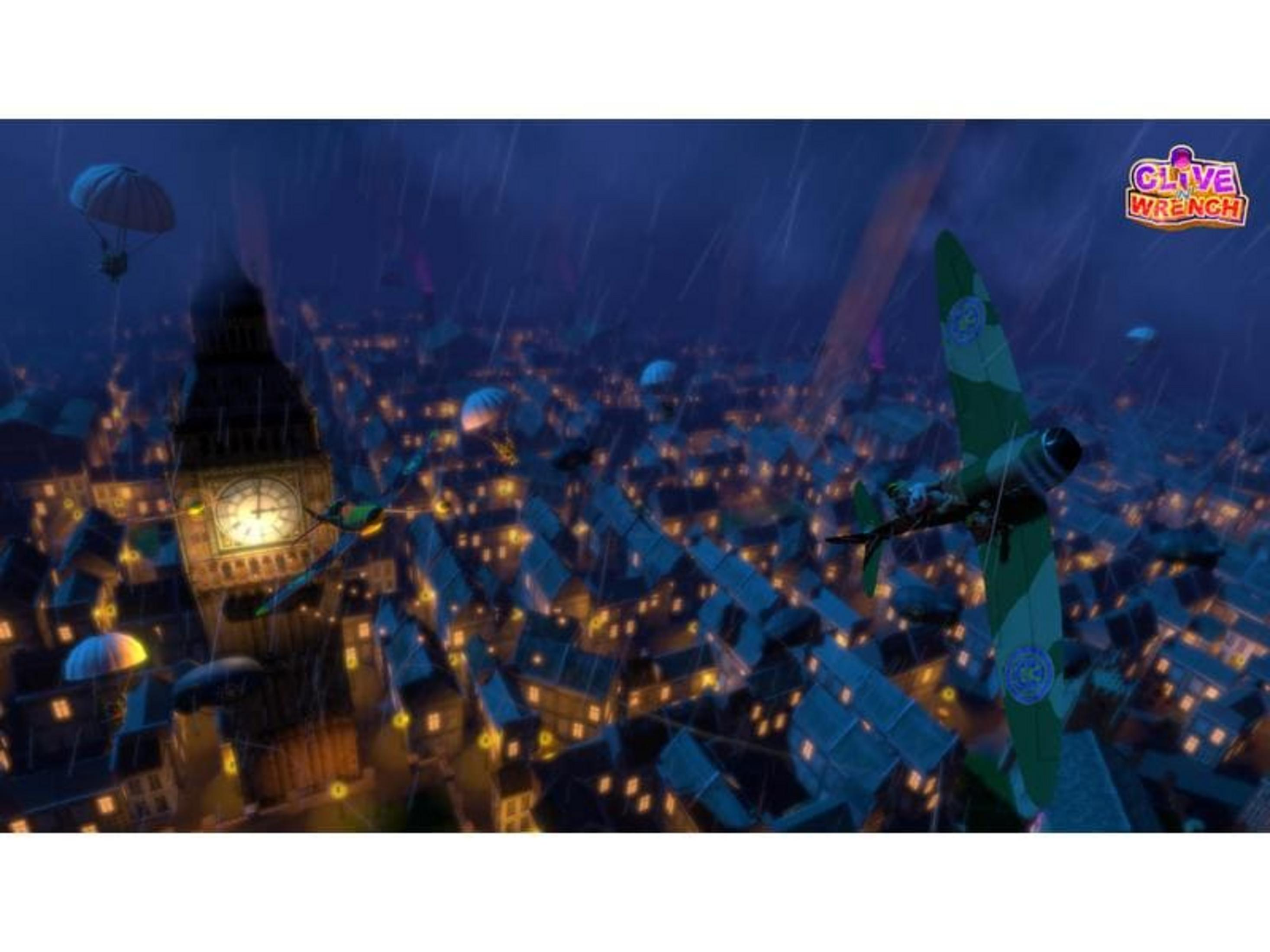 Aerei volano su una città notturna piovosa con finestre illuminate.