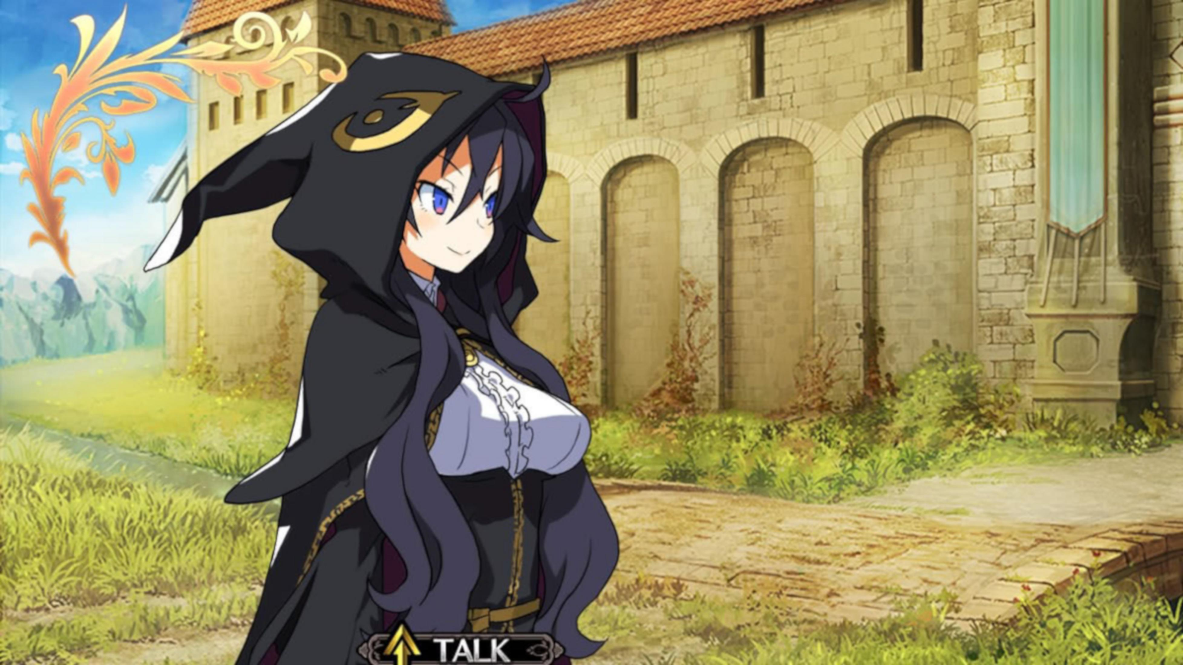 Un personaggio anime in veste nera con cappuccio davanti a un muro del castello.
