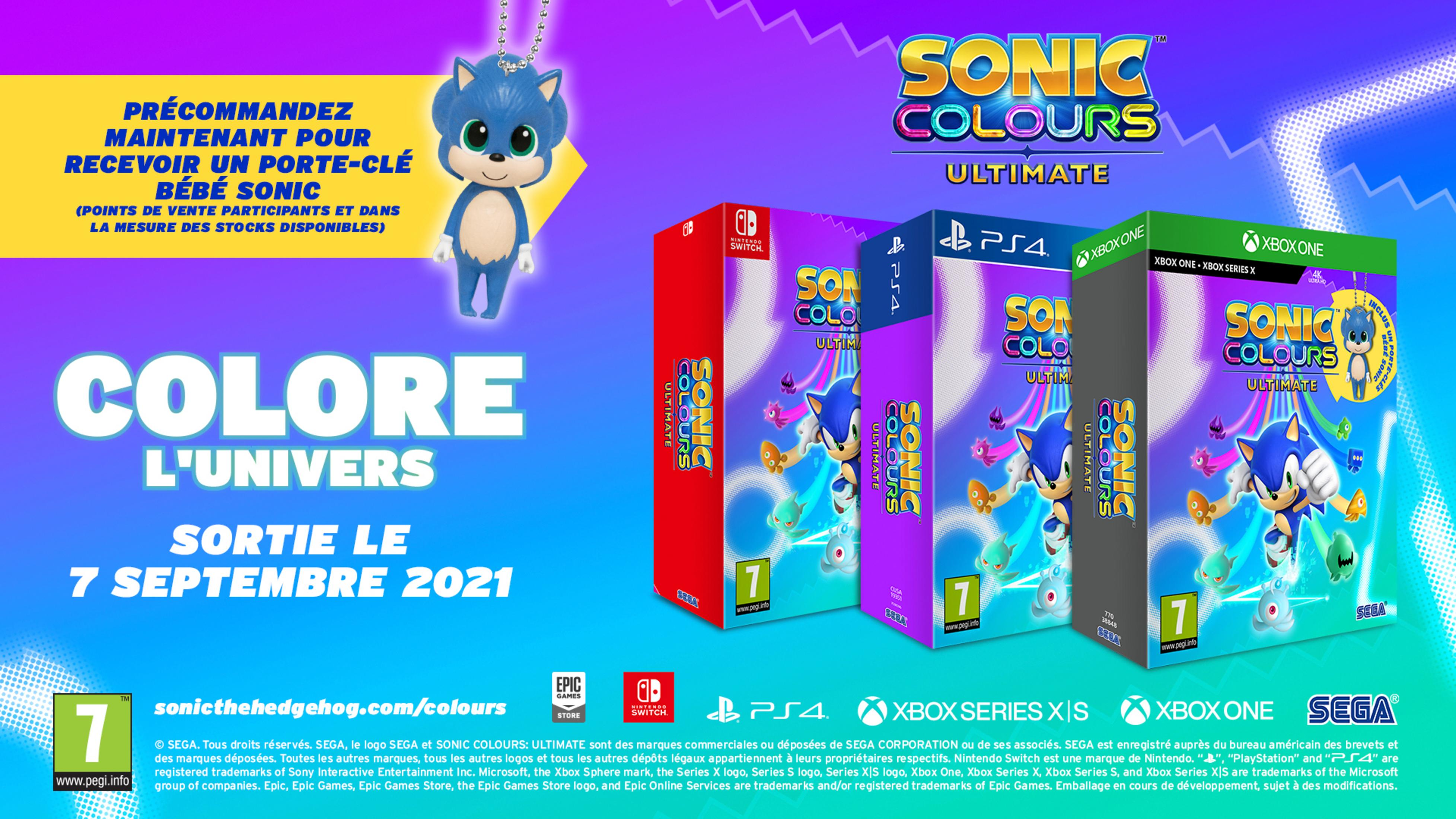 Pudełka gry Sonic Colours Ultimate na Switch, PS4 i Xbox. Breloczek Baby Sonic.