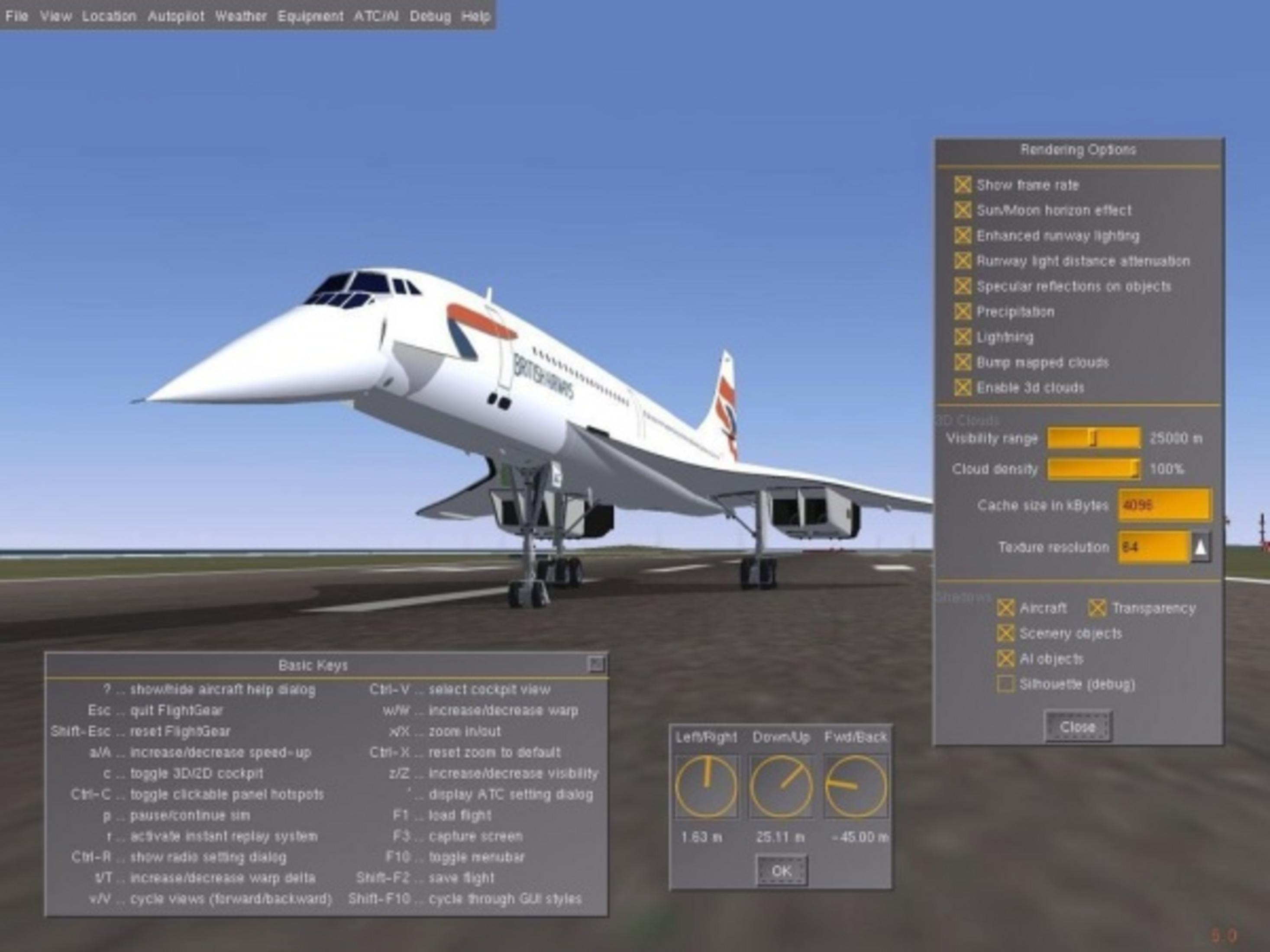 Ein Concorde-Flugzeug steht auf dem Rollfeld mit Steuerungsmenüs im Vordergrund.
