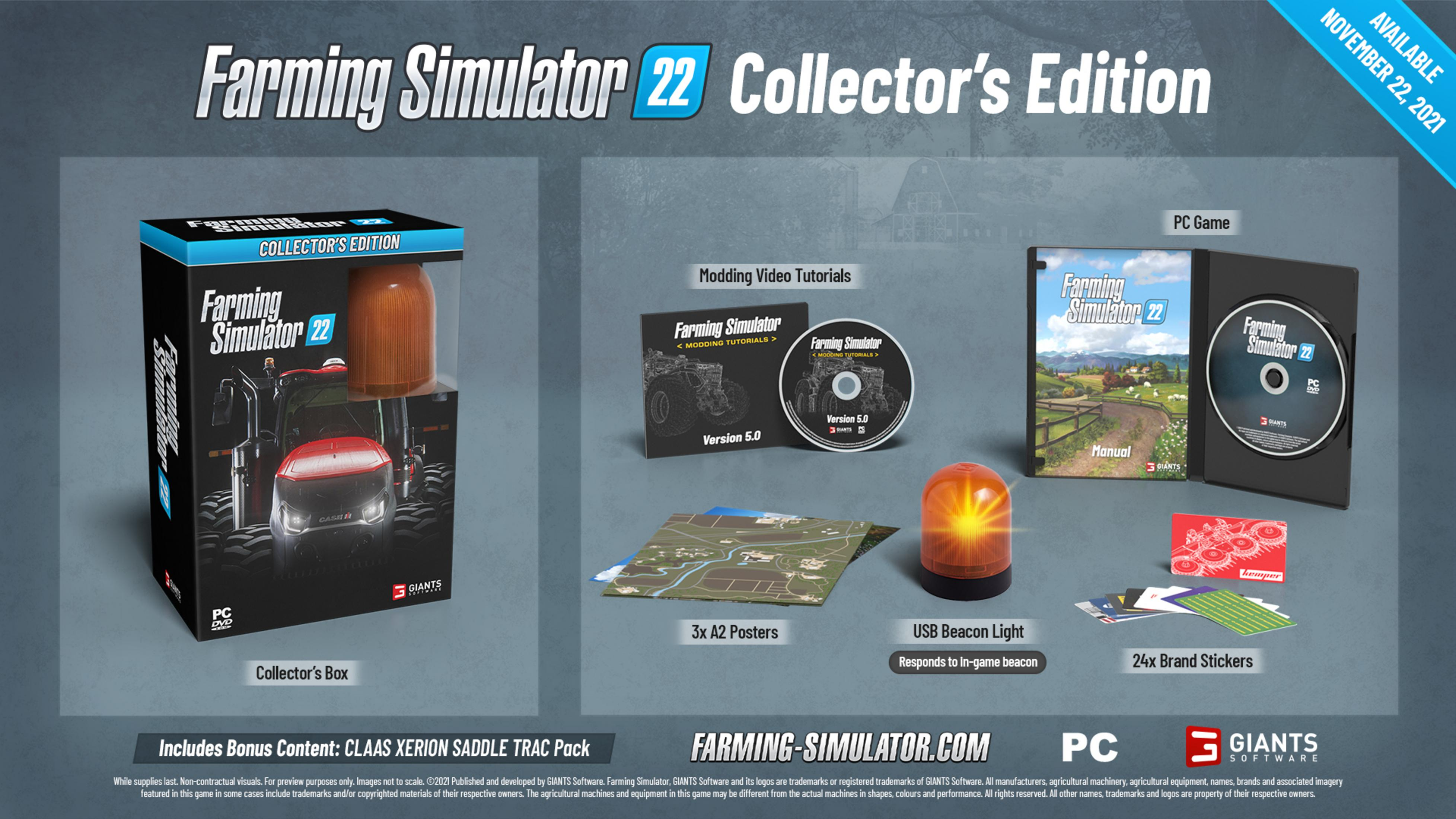 Pudełko Farming Simulator 22 Collector's Edition z traktorem, grą, instrukcją, plakatami, naklejkami i lampką.