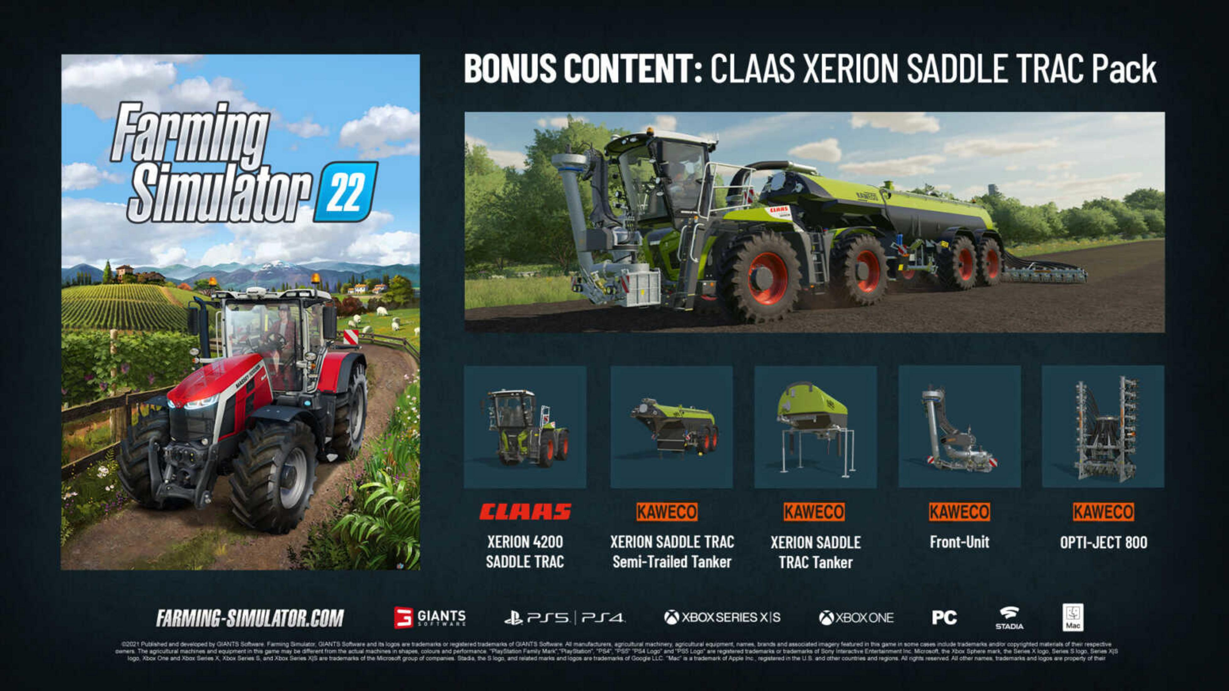 Okładka Farming Simulator 22 z czerwonym traktorem i dodatkową zawartością CLAAS Xerion.