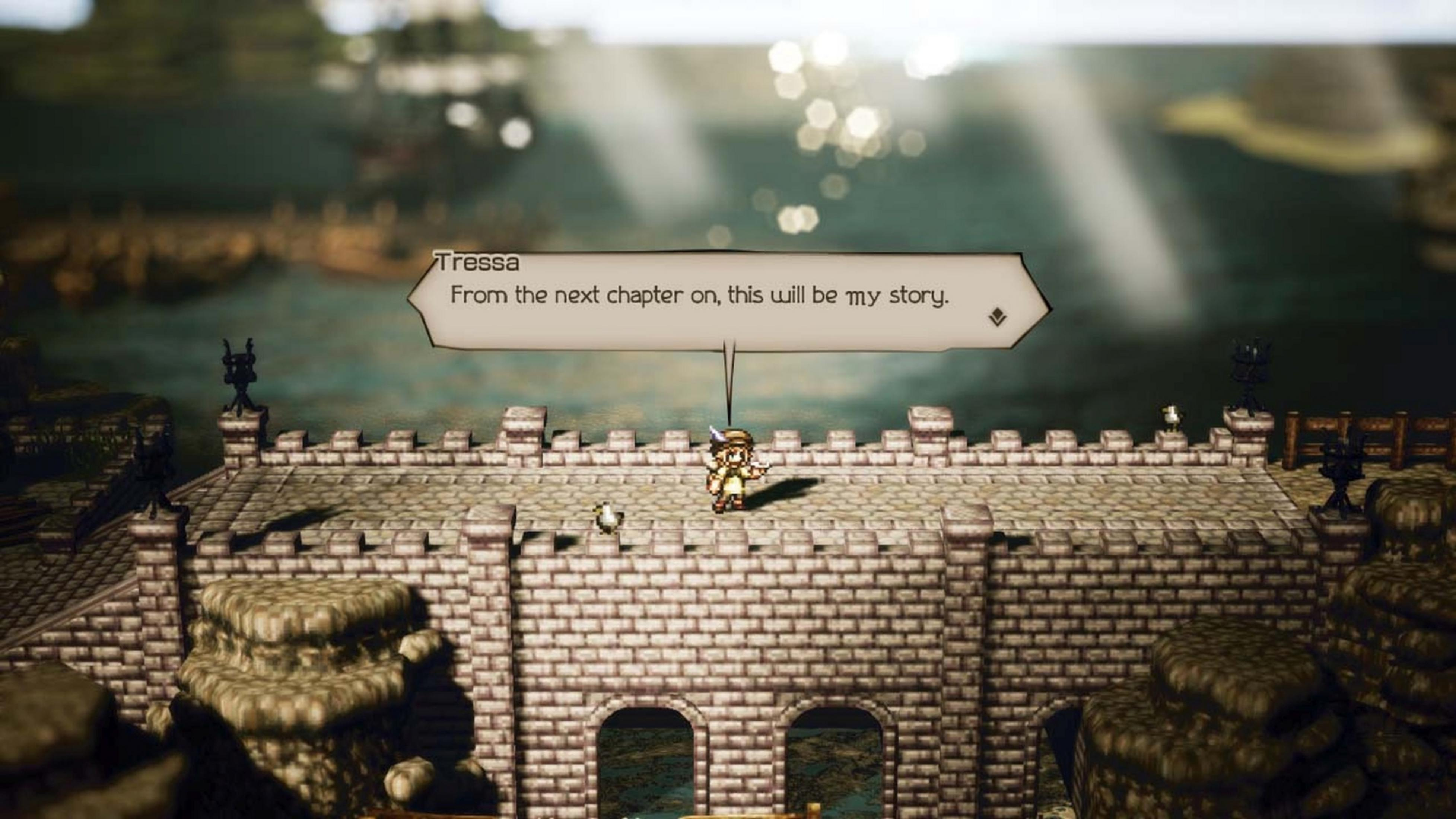 Eine Spielfigur steht auf einer Ziegelmauer am Wasser, mit einem Textfeld über ihr.