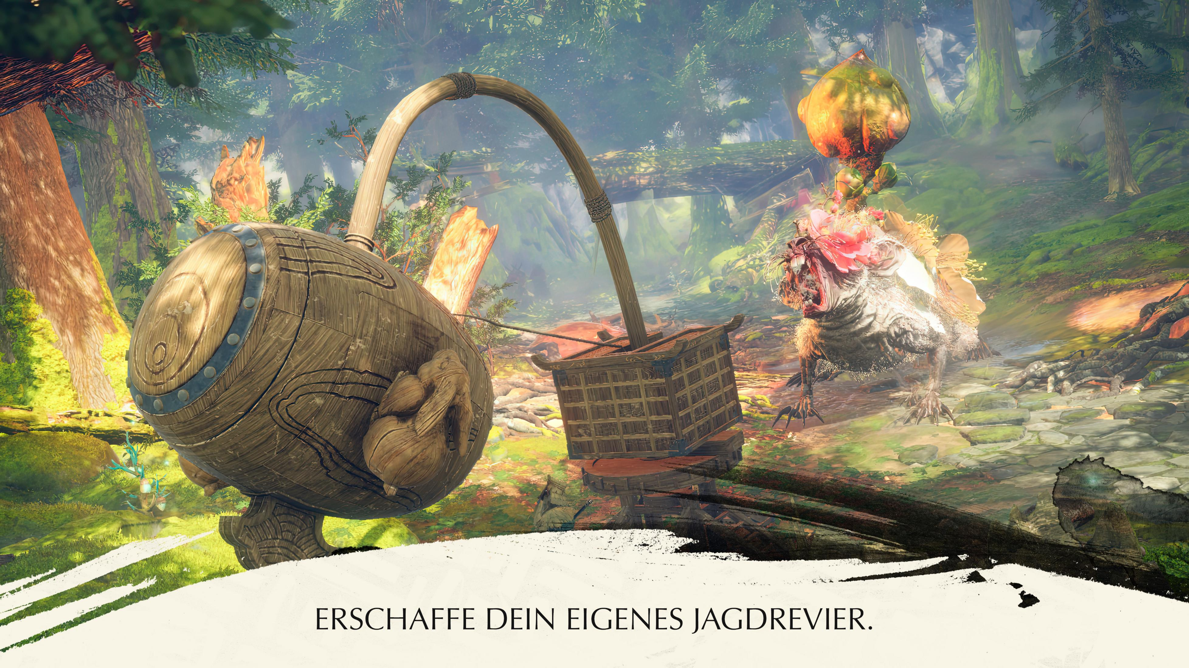 Ein hölzerner Wagen mit einem Korb, ein Monster und ein Wald.