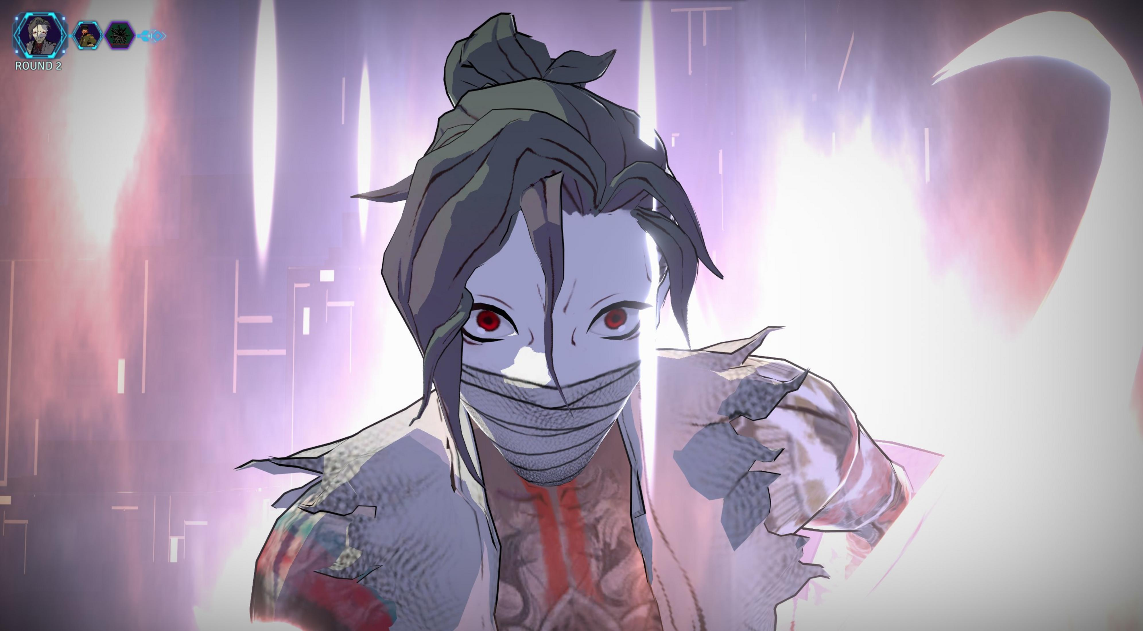 Postać z czerwonymi oczami i zakrytą twarzą stoi na jasnym, rozmytym tle.