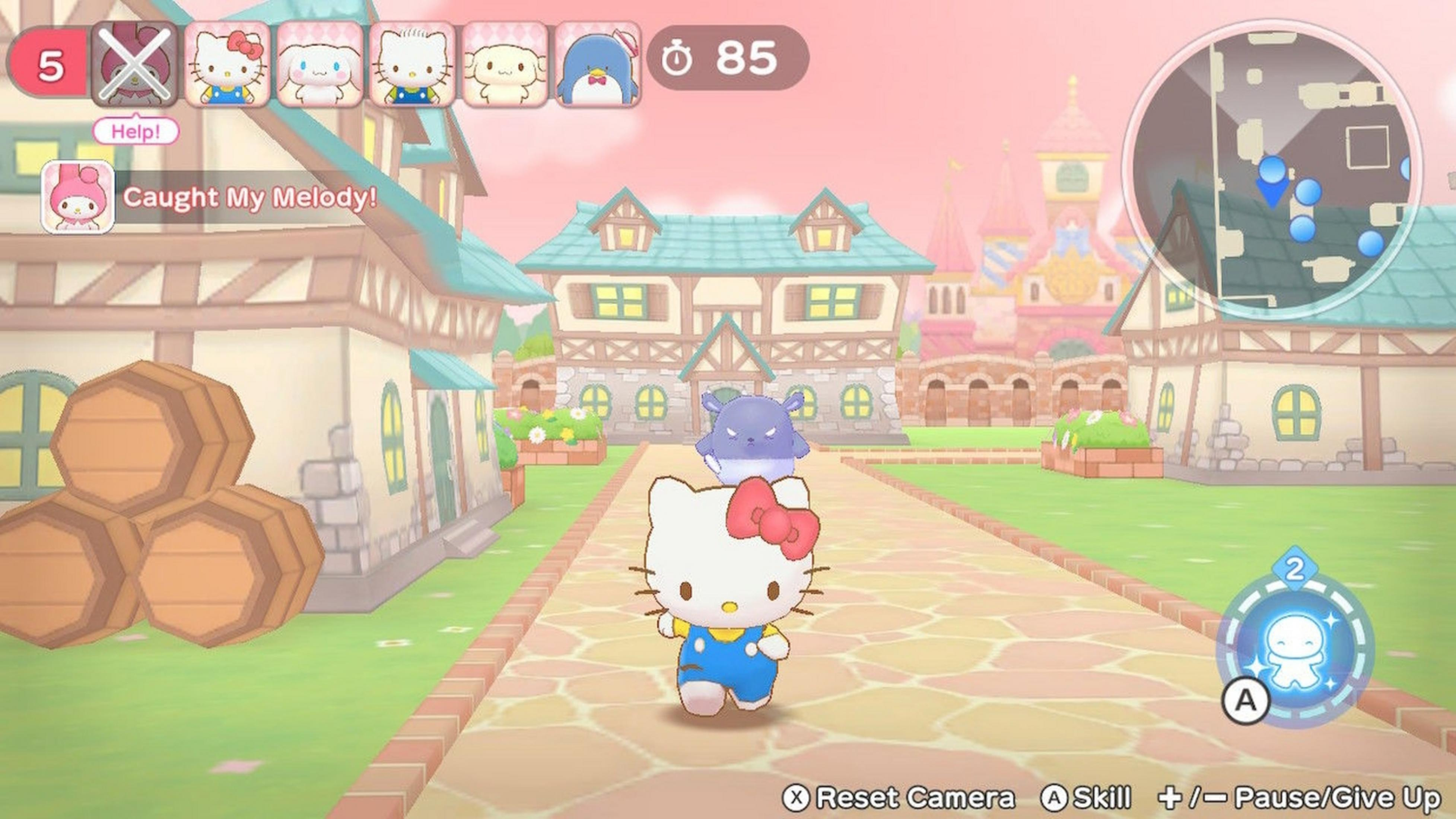 Hello Kitty in Latzhose und ein lila Monster in einer pastellfarbenen Stadt.