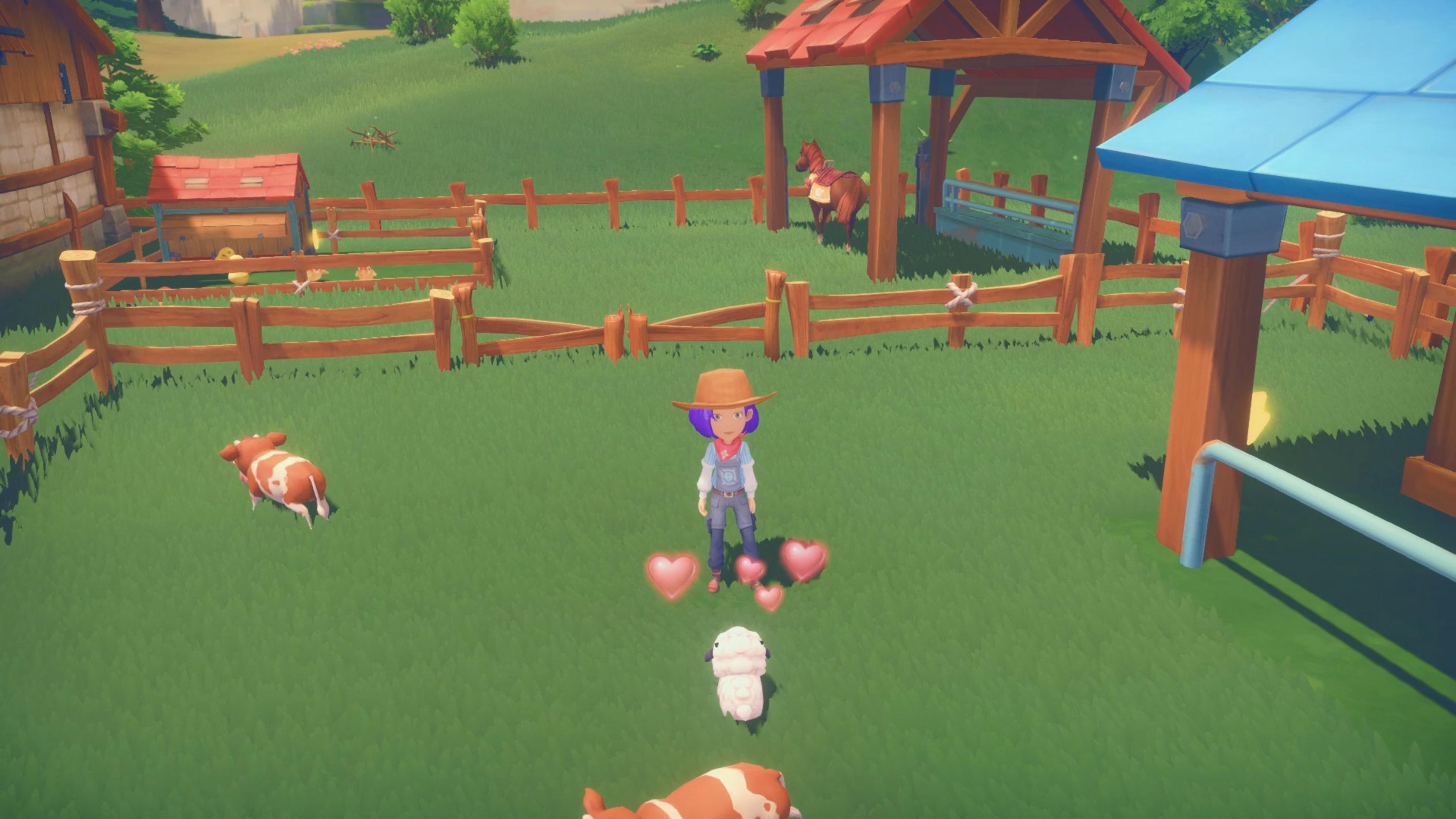 Une fille avec un chapeau et des cheveux violets se tient dans un champ vert avec des vaches et des moutons.