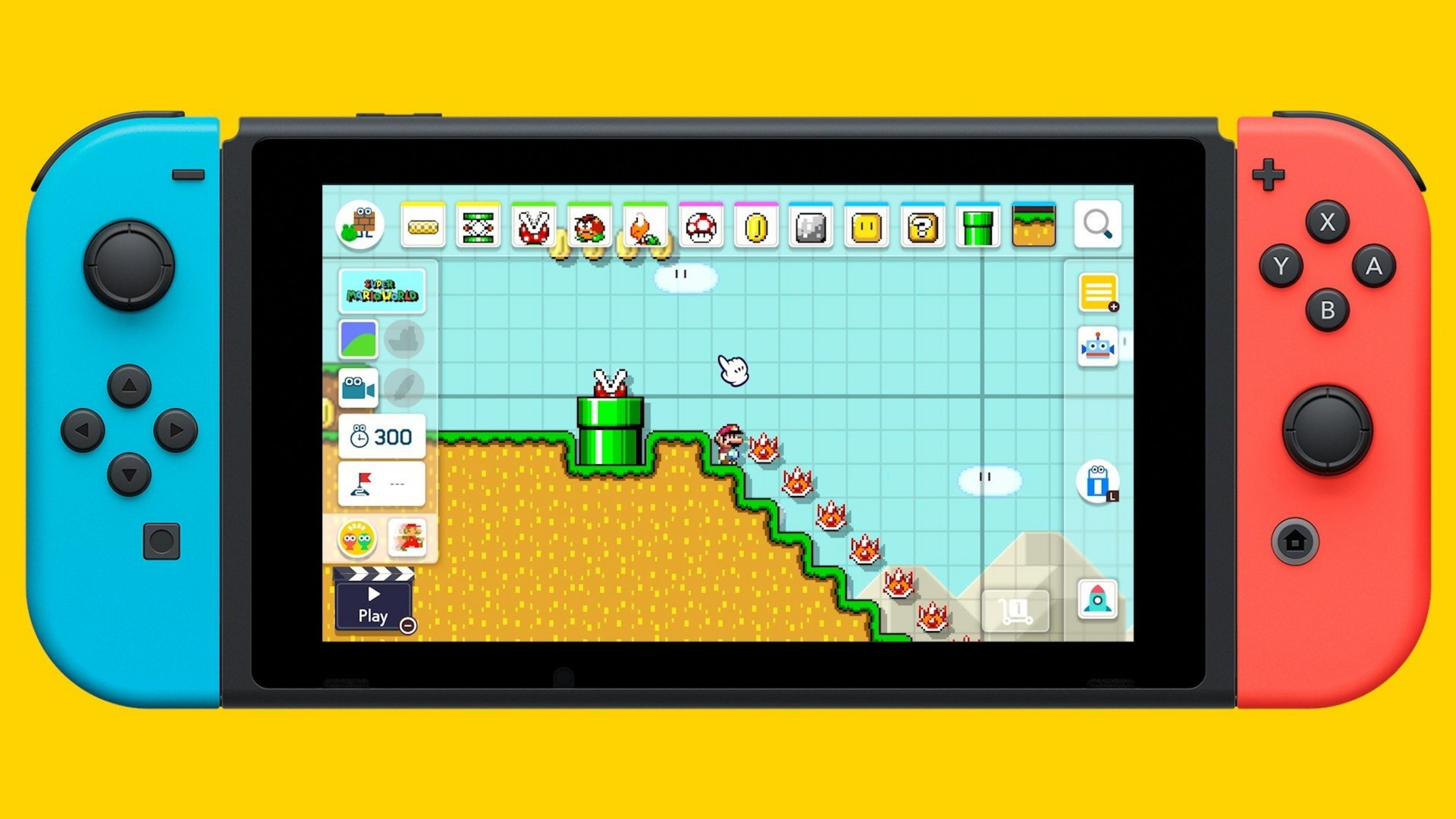 Nintendo Switch mit Super Mario Maker 2. Blaue und rote Joy-Cons. Gelber Hintergrund.