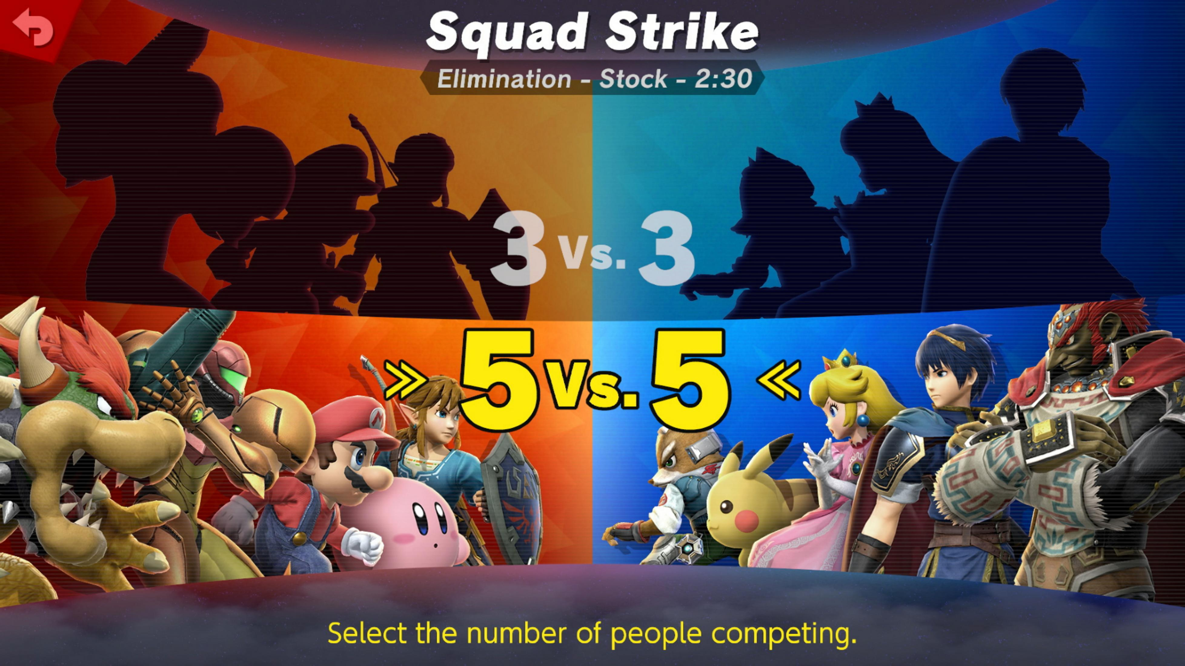 Ekran Super Smash Bros. Squad Strike z postaciami i opcjami 3 na 3 lub 5 na 5.