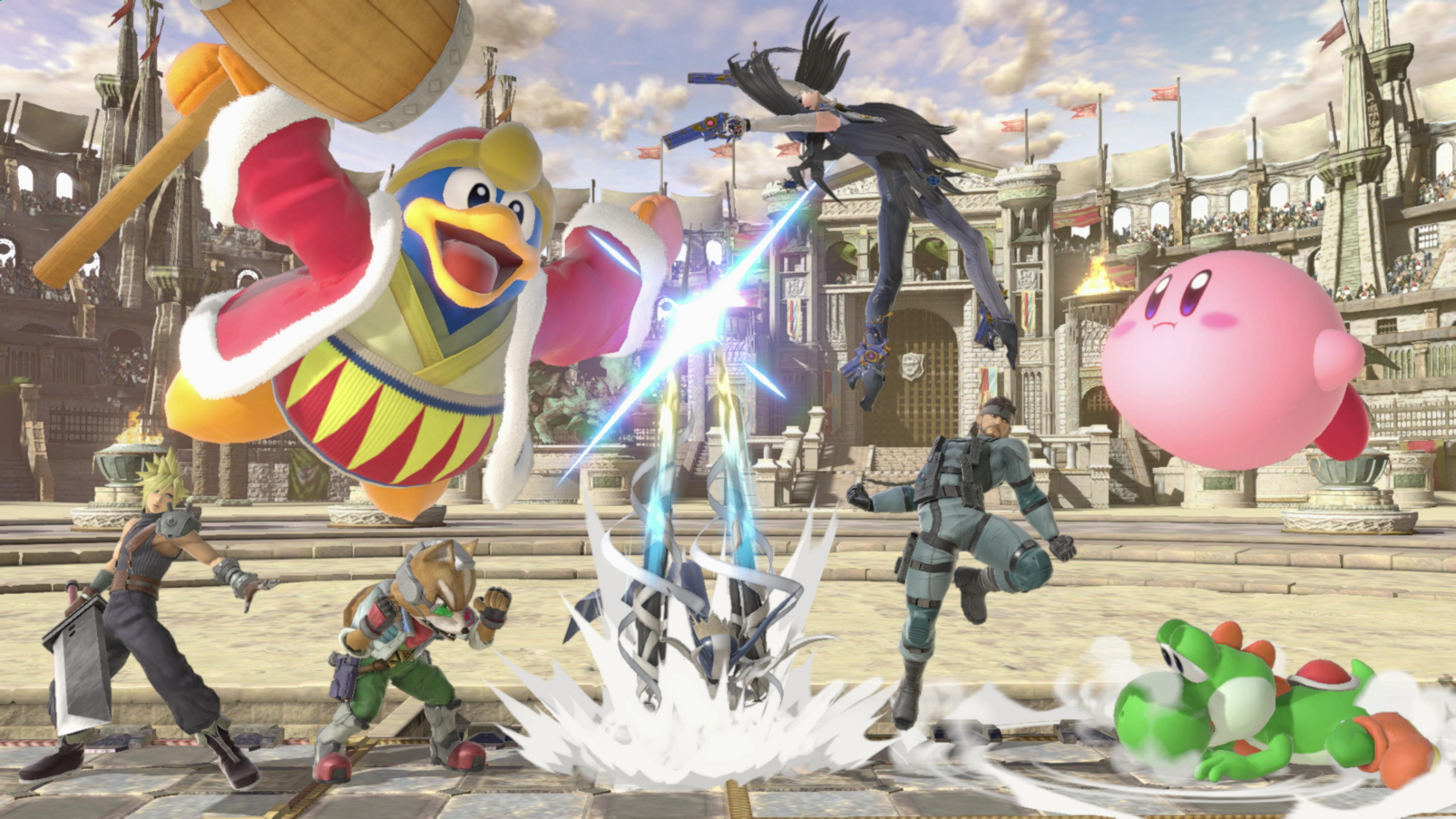 Postacie Super Smash Bros. walczą na arenie, King Dedede wymachuje młotem.