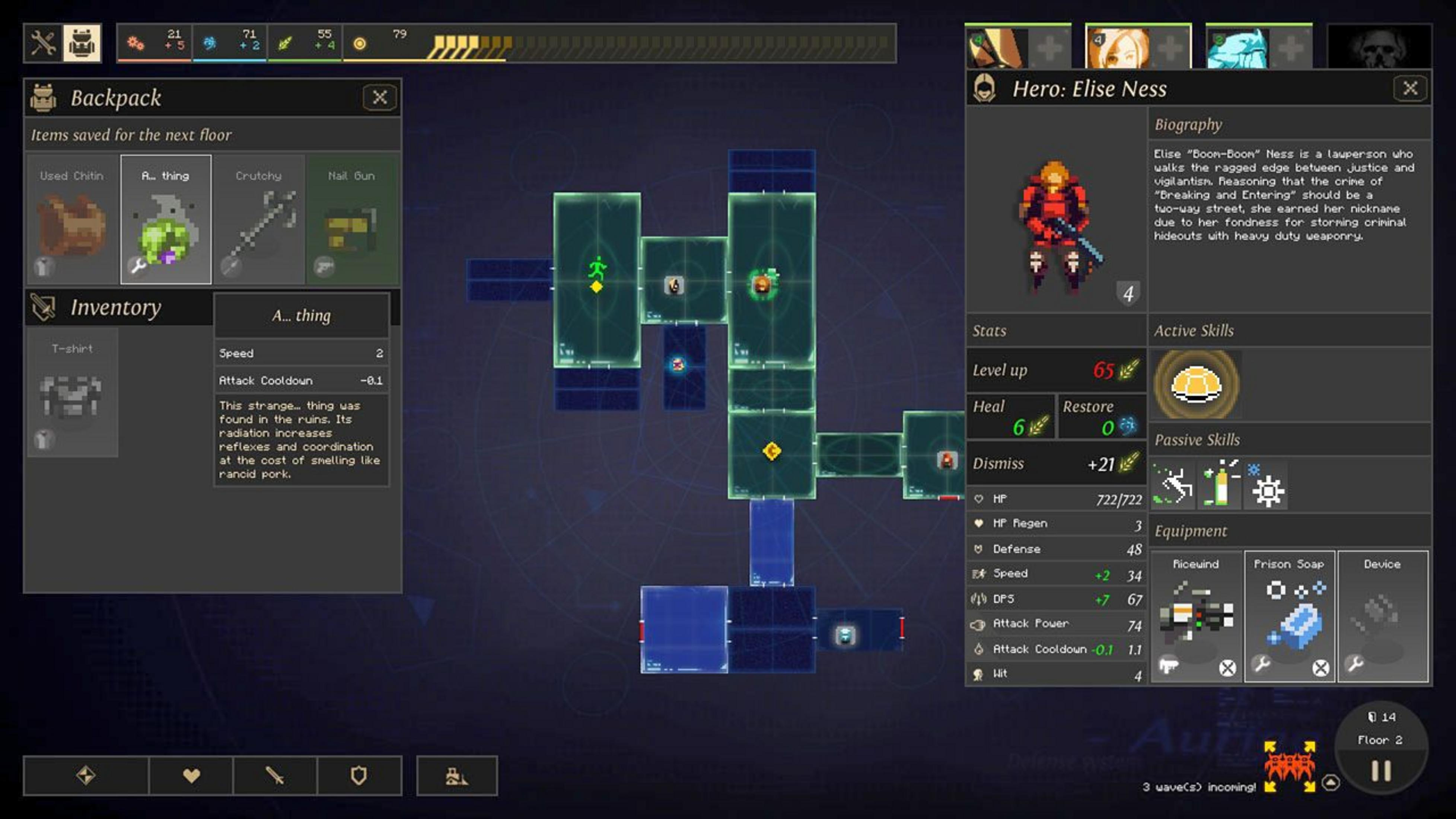 Pixel-Art-Spielbildschirm mit Rucksack, Inventar, Charakterstatistiken und Karte.