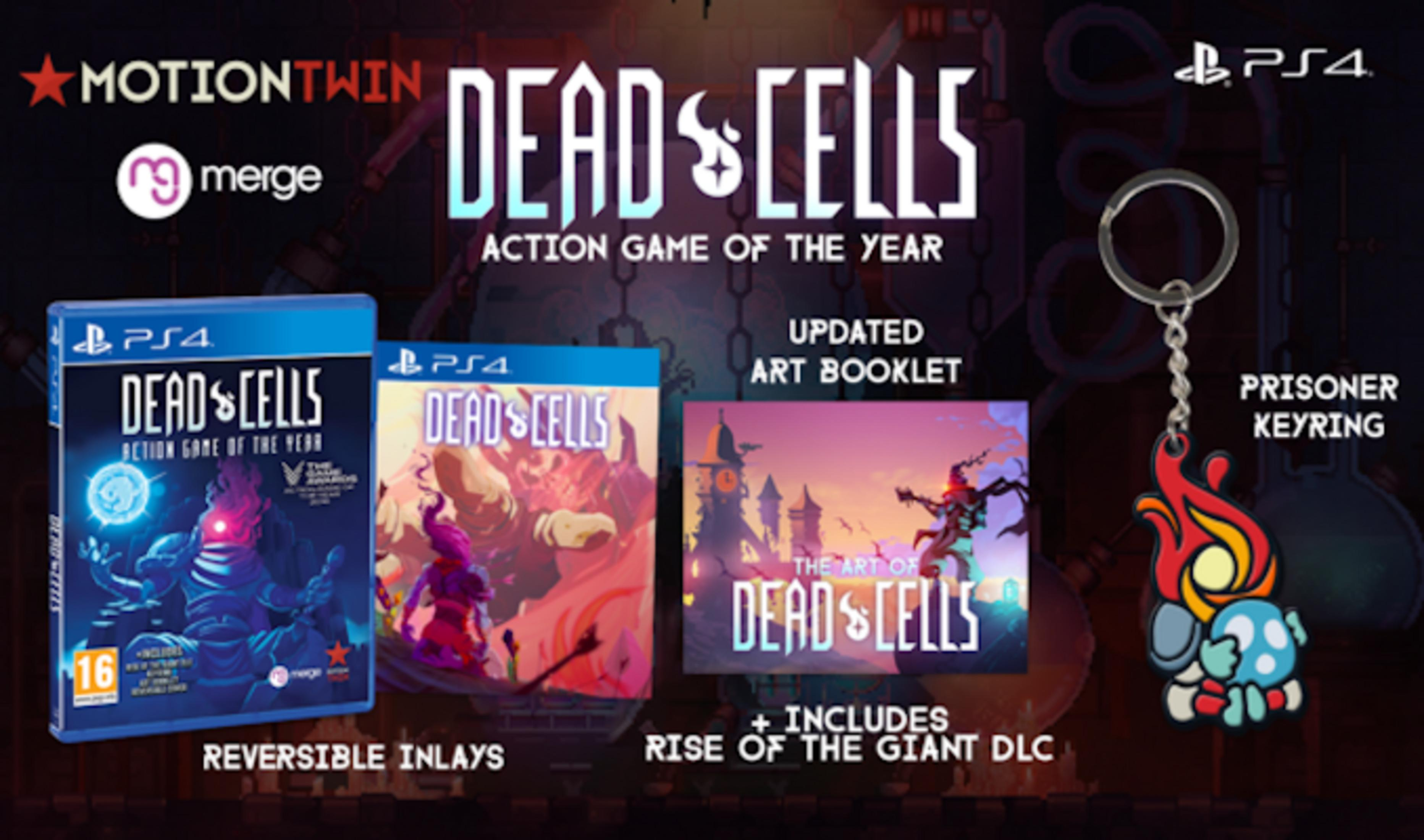 Dead Cells PS4 Spiel, Artbook und Schlüsselanhänger auf dunklem Hintergrund.