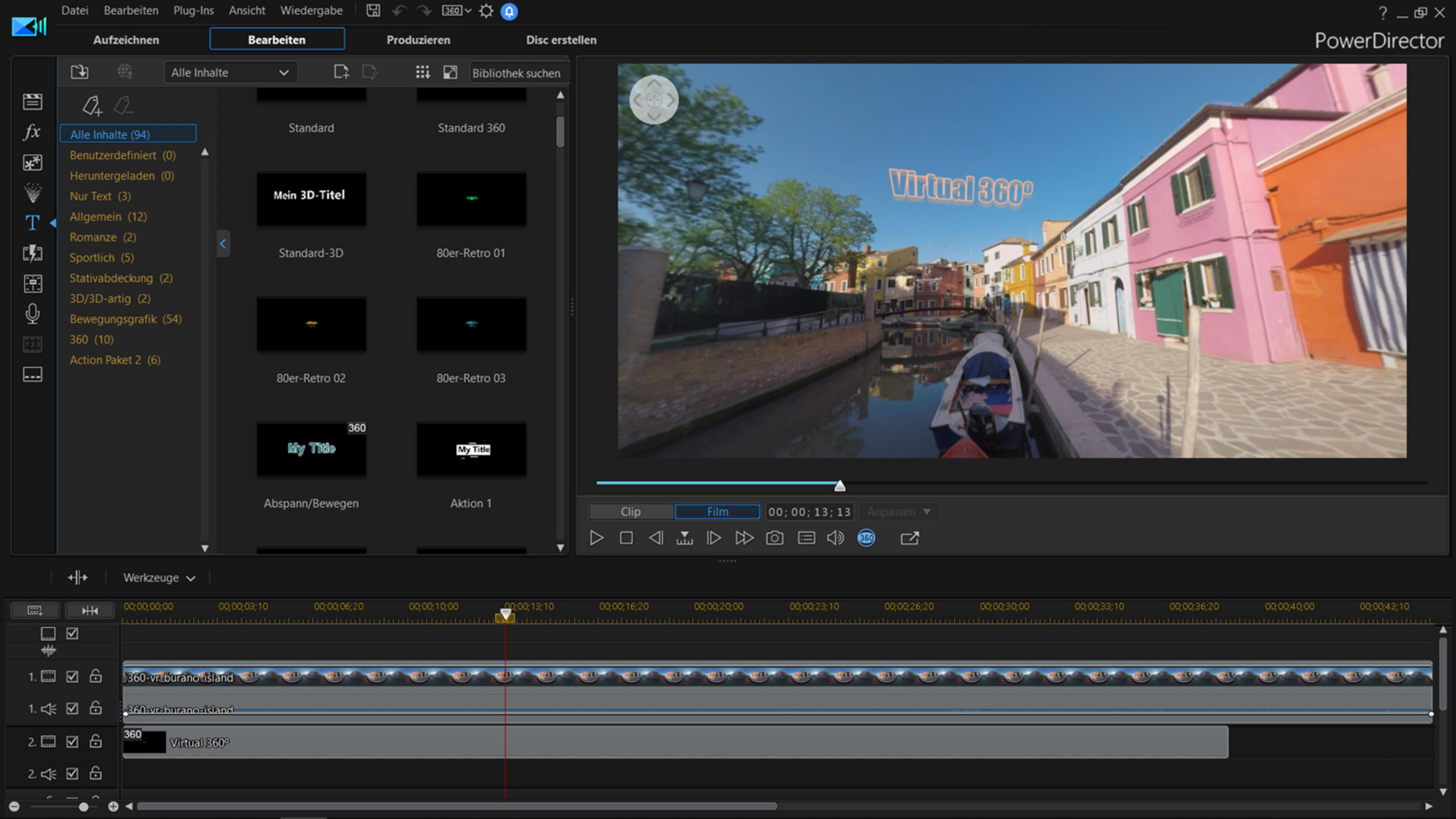 Software PowerDirector che mostra anteprima video 360, canali e menu di modifica.