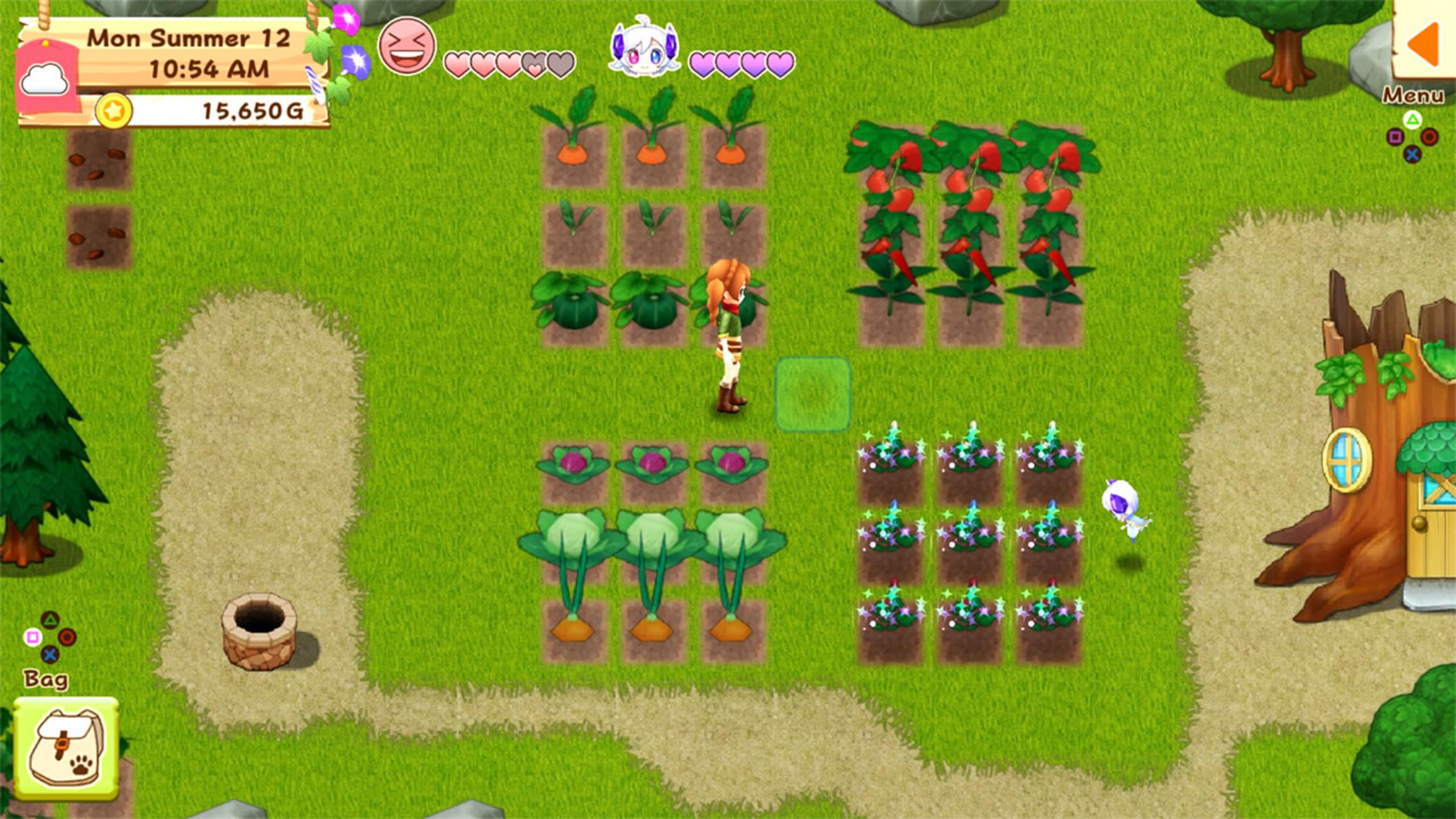 Ein Cartoon-Bauernhof mit Karotten, Chilis, Kohl und Blumen. Ein Mädchen steht auf dem Feld.