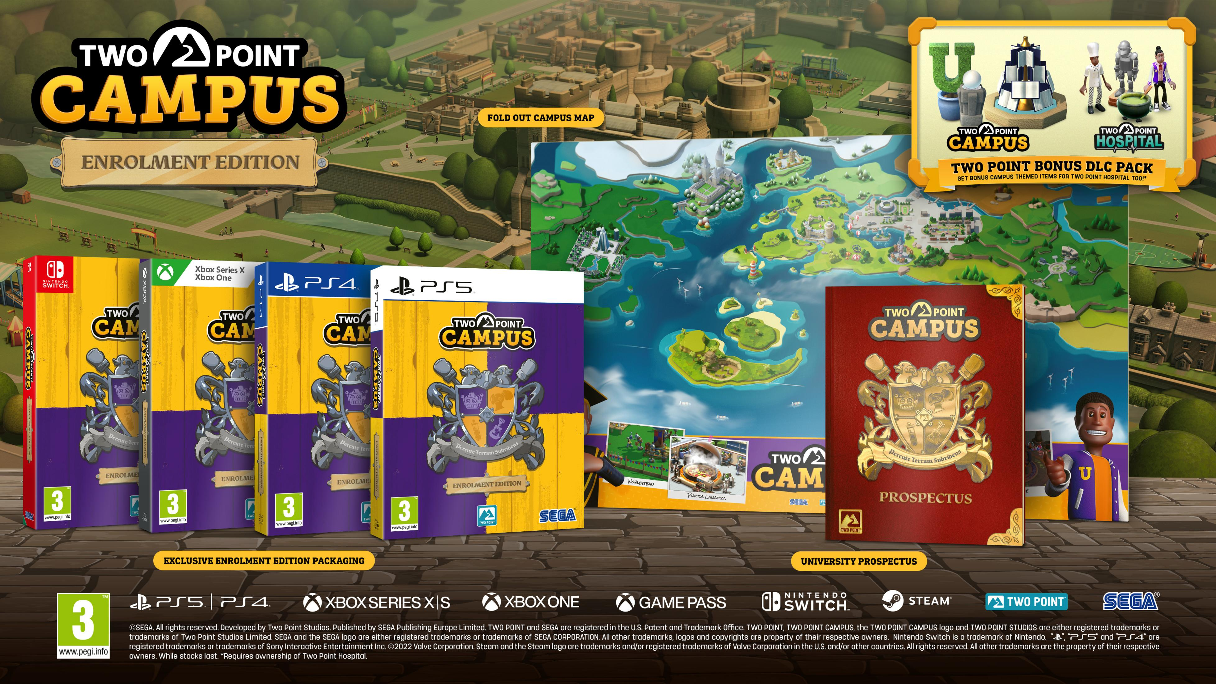 Opakowania gier i mapy do Two Point Campus, z bonusem DLC.