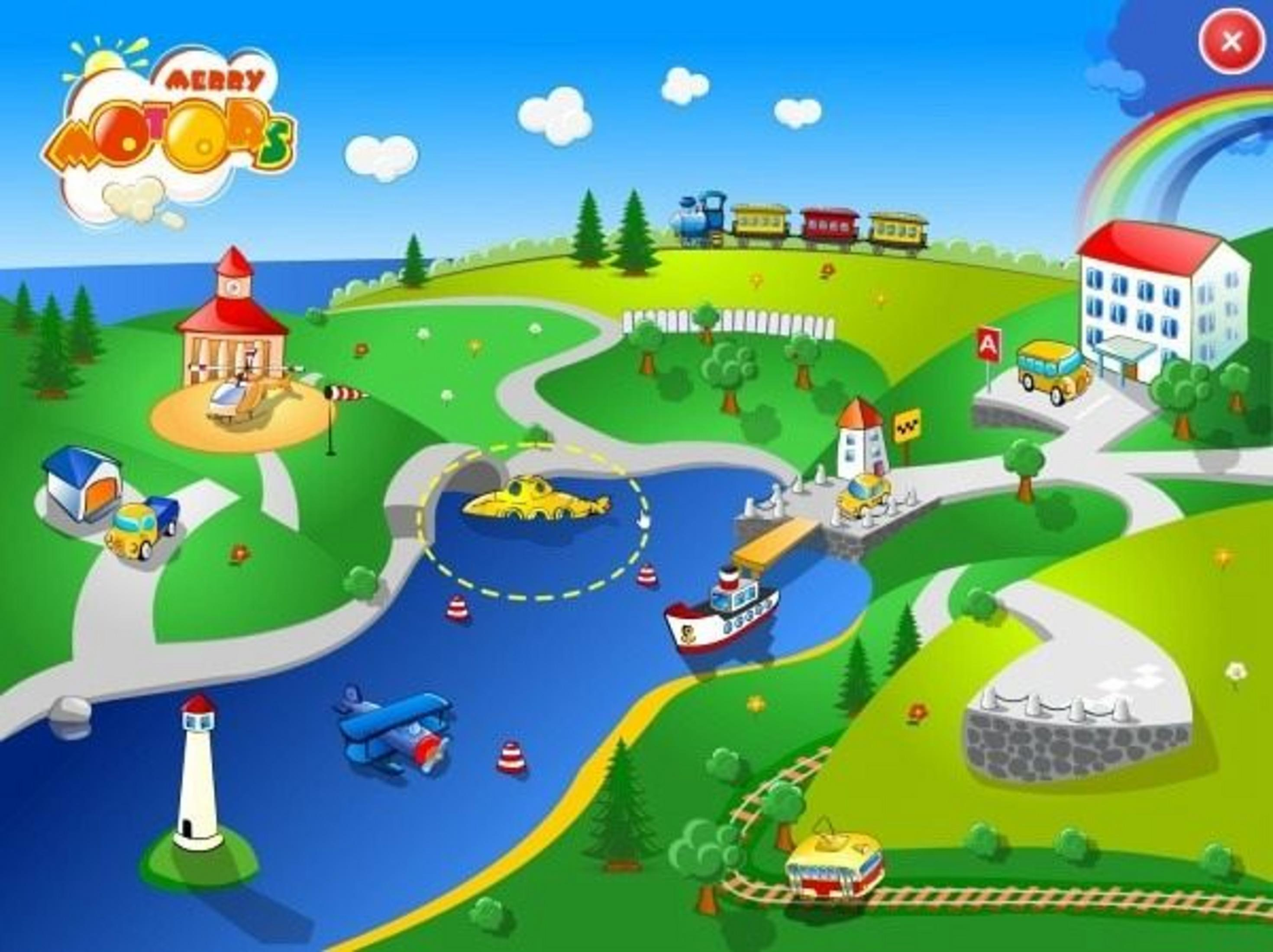 Bunte Zeichentricklandschaft mit Fahrzeugen: Zug, U-Boot, Flugzeug, Schiff, Auto, Bus.