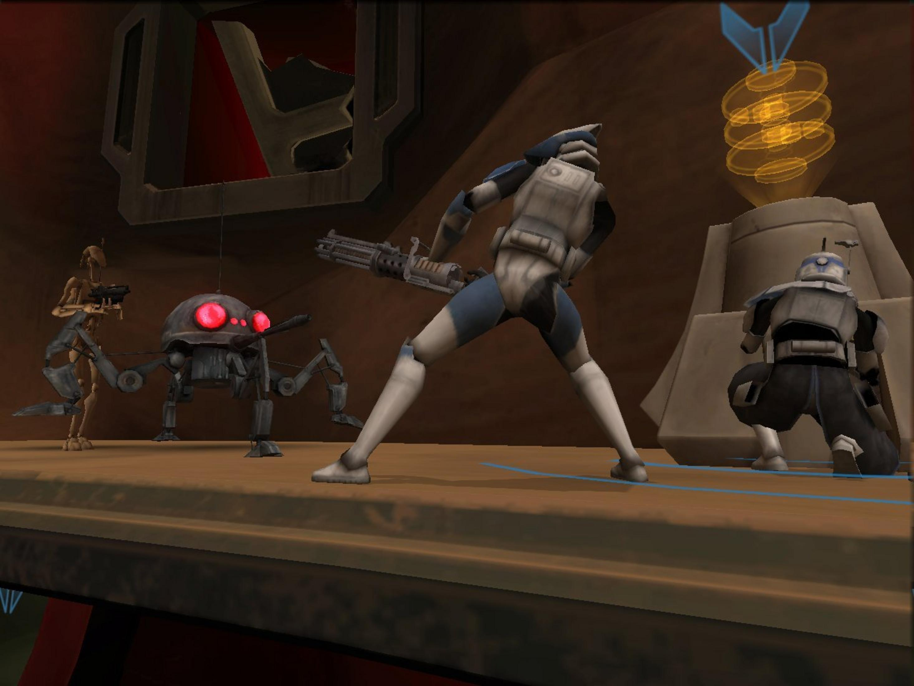 Soldaten und Droiden in futuristischer Umgebung mit holografischer Anzeige.