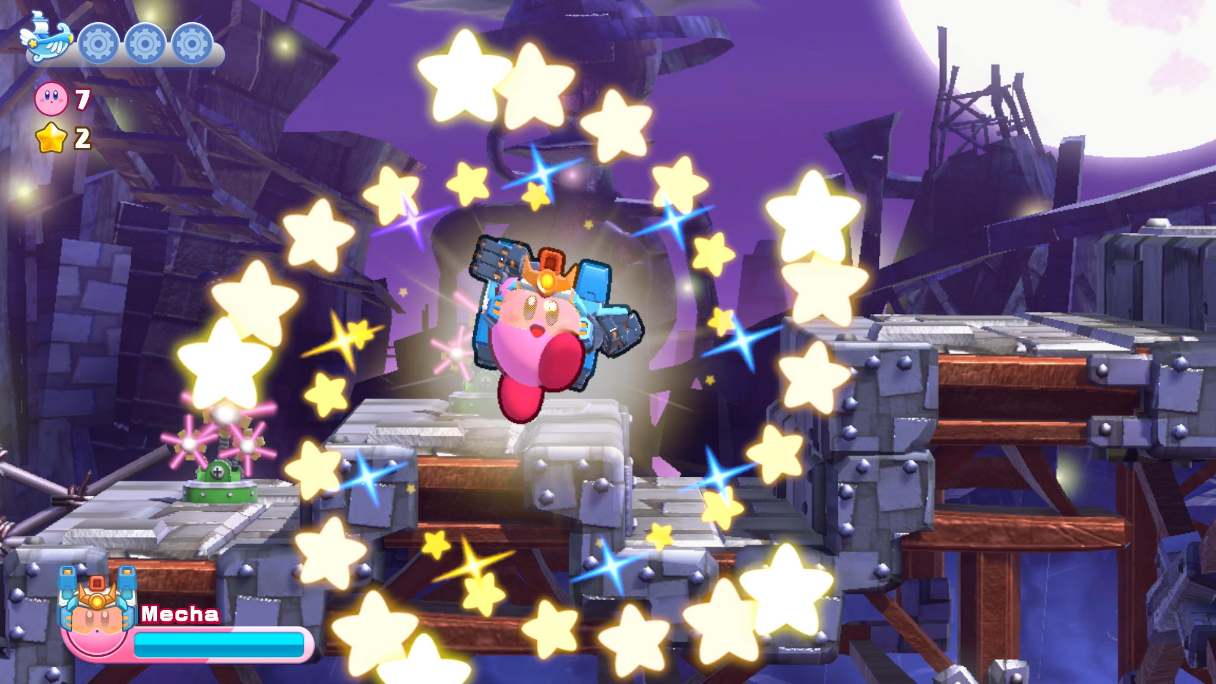 Kirby im Mecha-Anzug springt, umgeben von leuchtenden Sternen vor einer dunklen, zerstörten Kulisse.