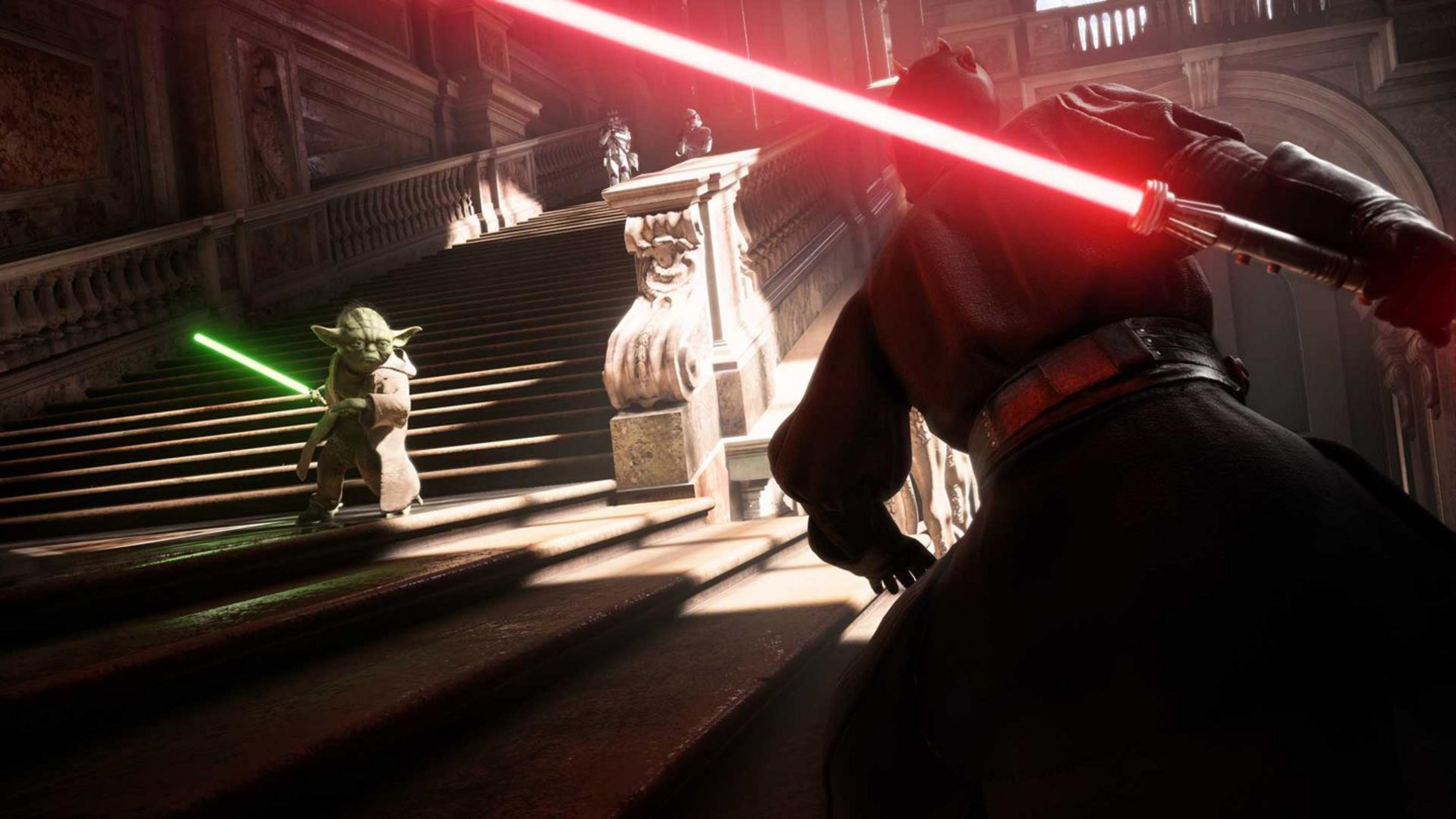 Yoda mit grünem Lichtschwert kämpft gegen Sith auf einer Treppe.