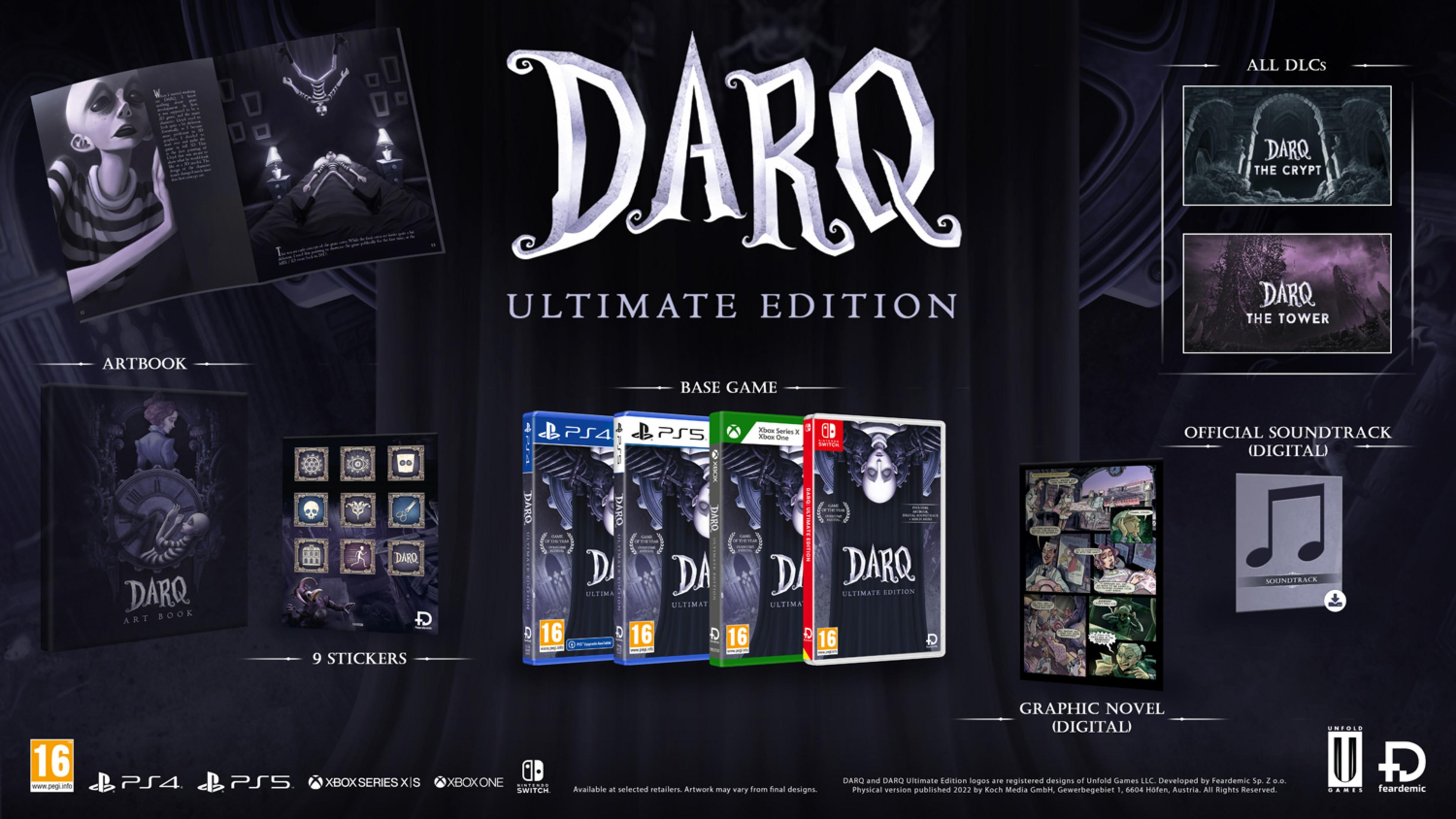 Edycja DARQ Ultimate Edition z artbookiem, naklejkami, grami, powieścią graficzną i ścieżką dźwiękową.
