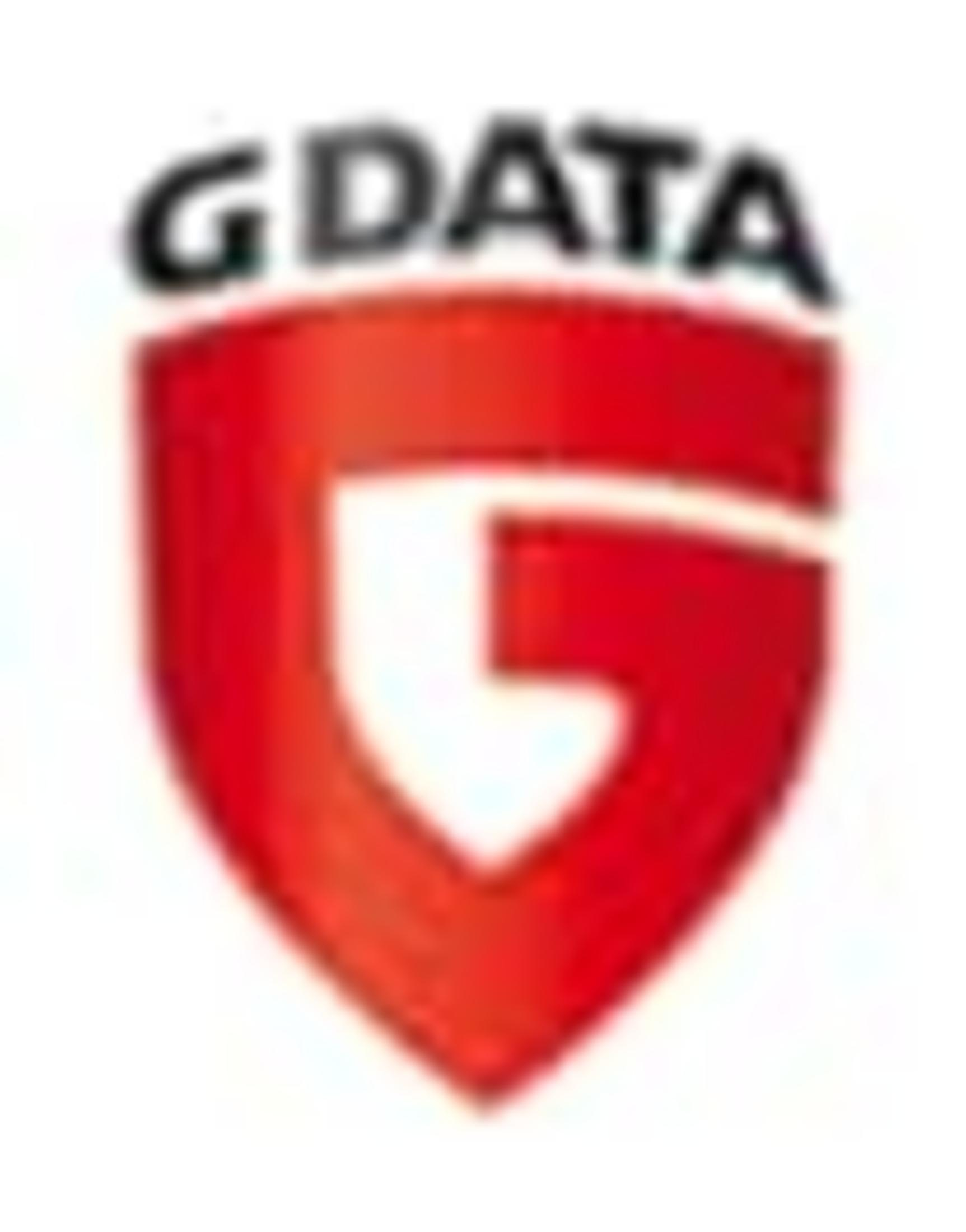 Logo G DATA z czerwonym tarcza i białą literą G.