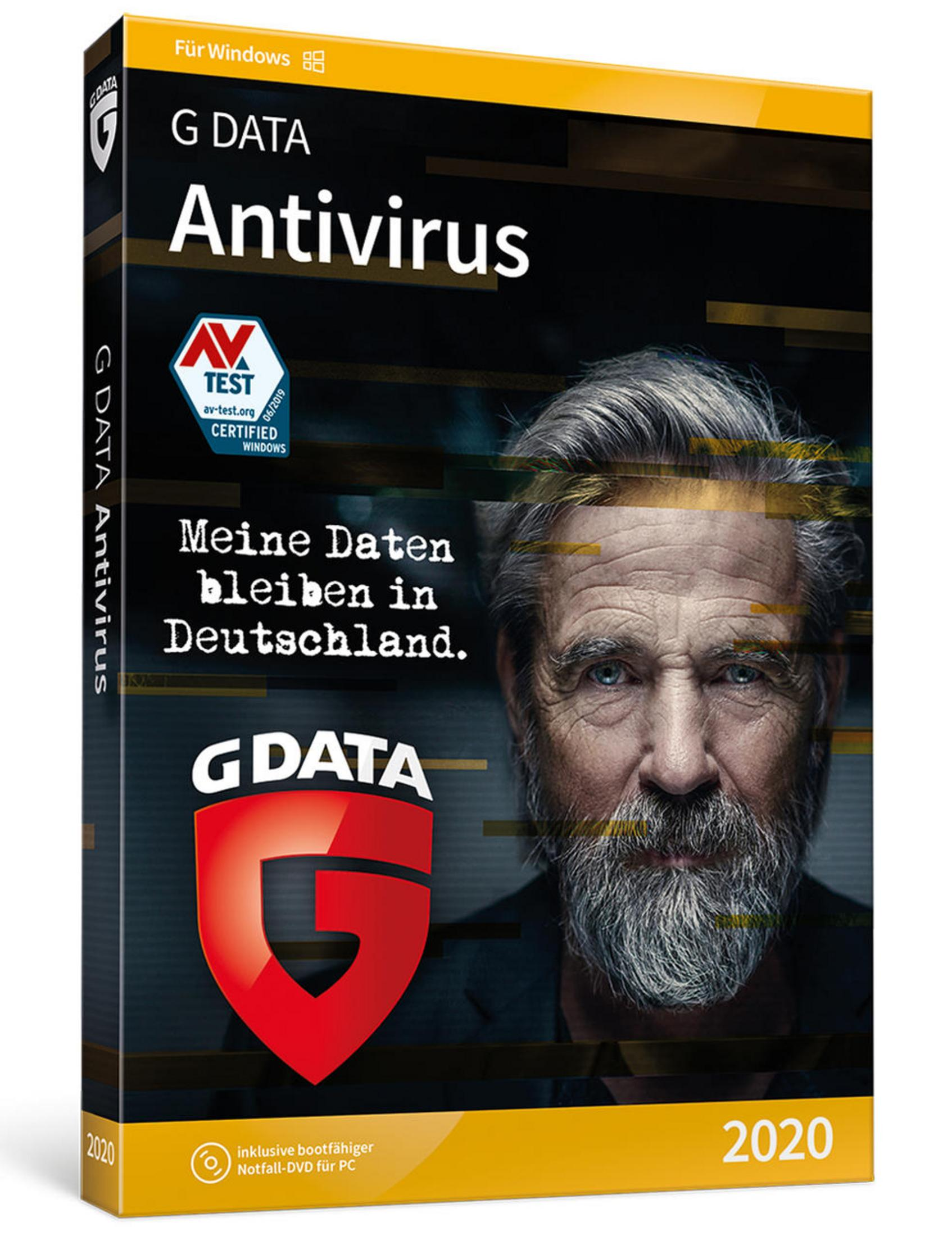 Pudełko G DATA Antivirus 2020 z mężczyzną, logo i pieczęcią.