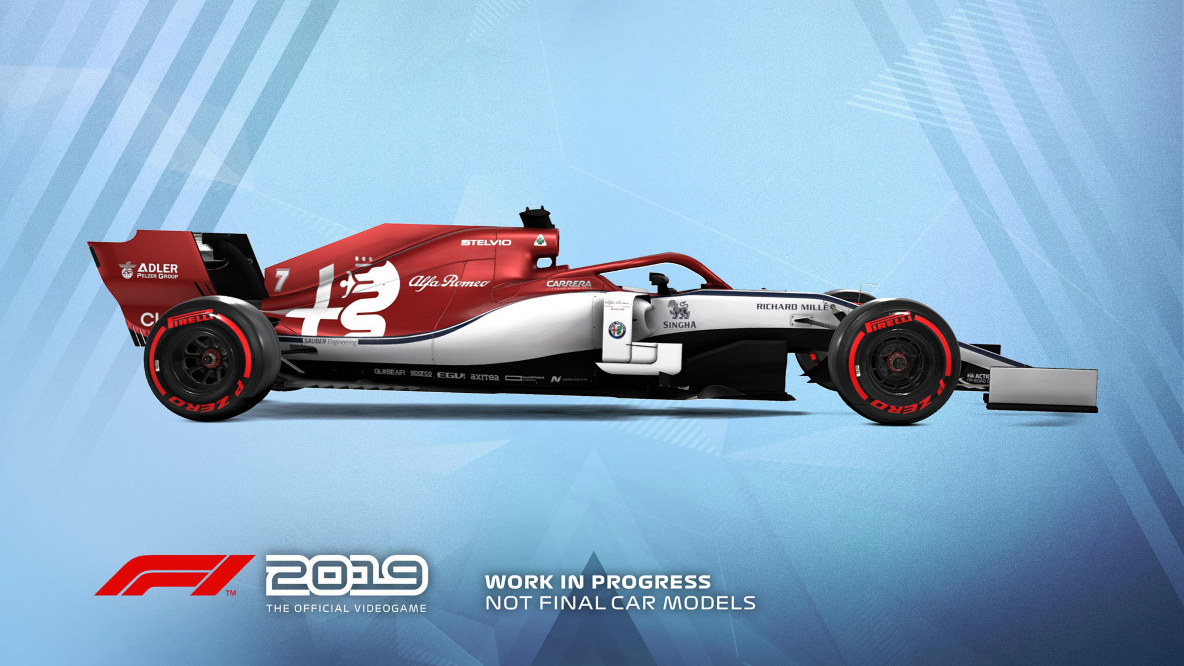 Czerwono-biały samochód F1 Alfa Romeo, numer 7, na niebieskim tle.