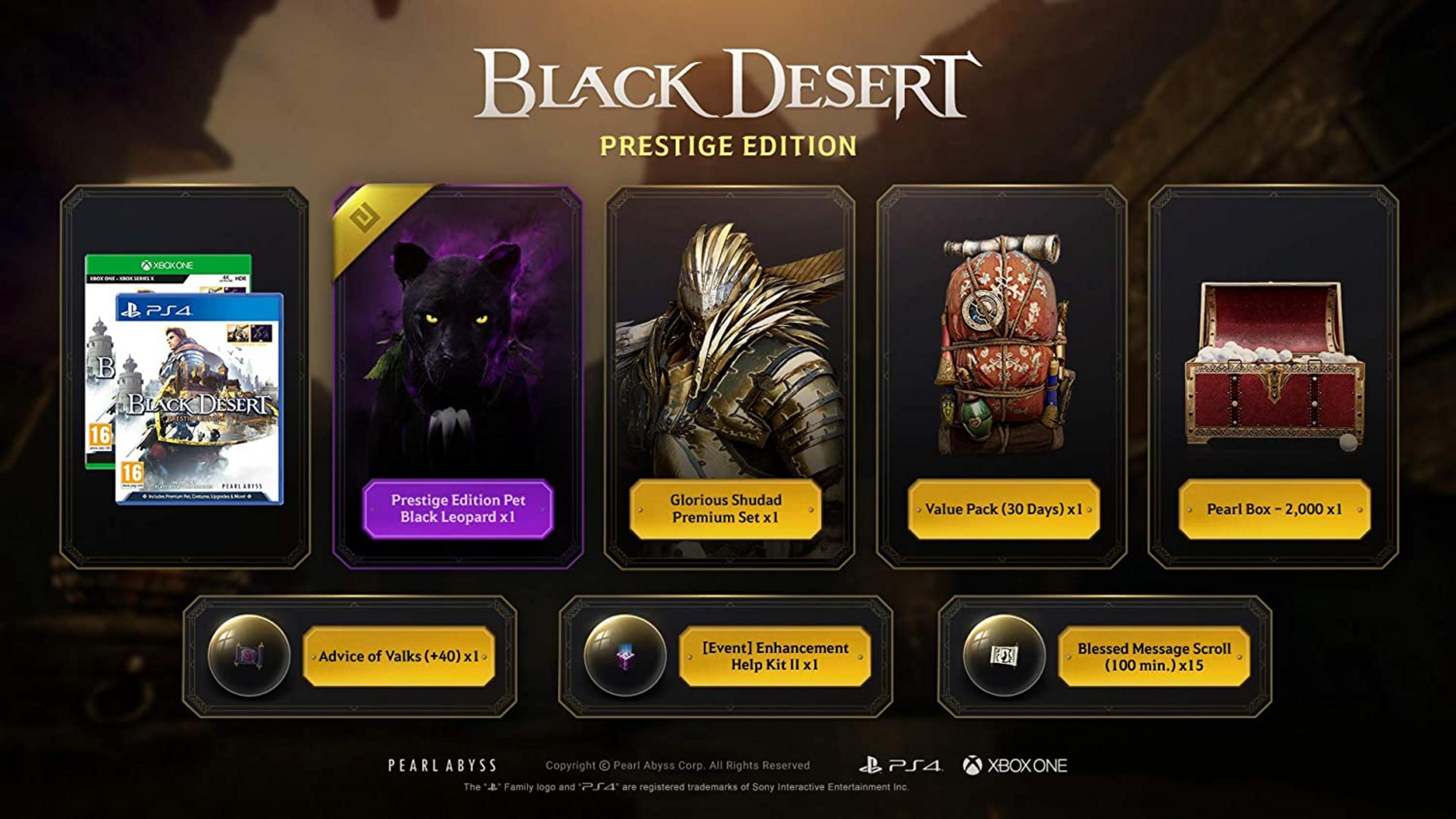 Offerte Black Desert Edizione Prestige: Giochi, pantera nera, armatura, zaino, forziere perle, bonus.