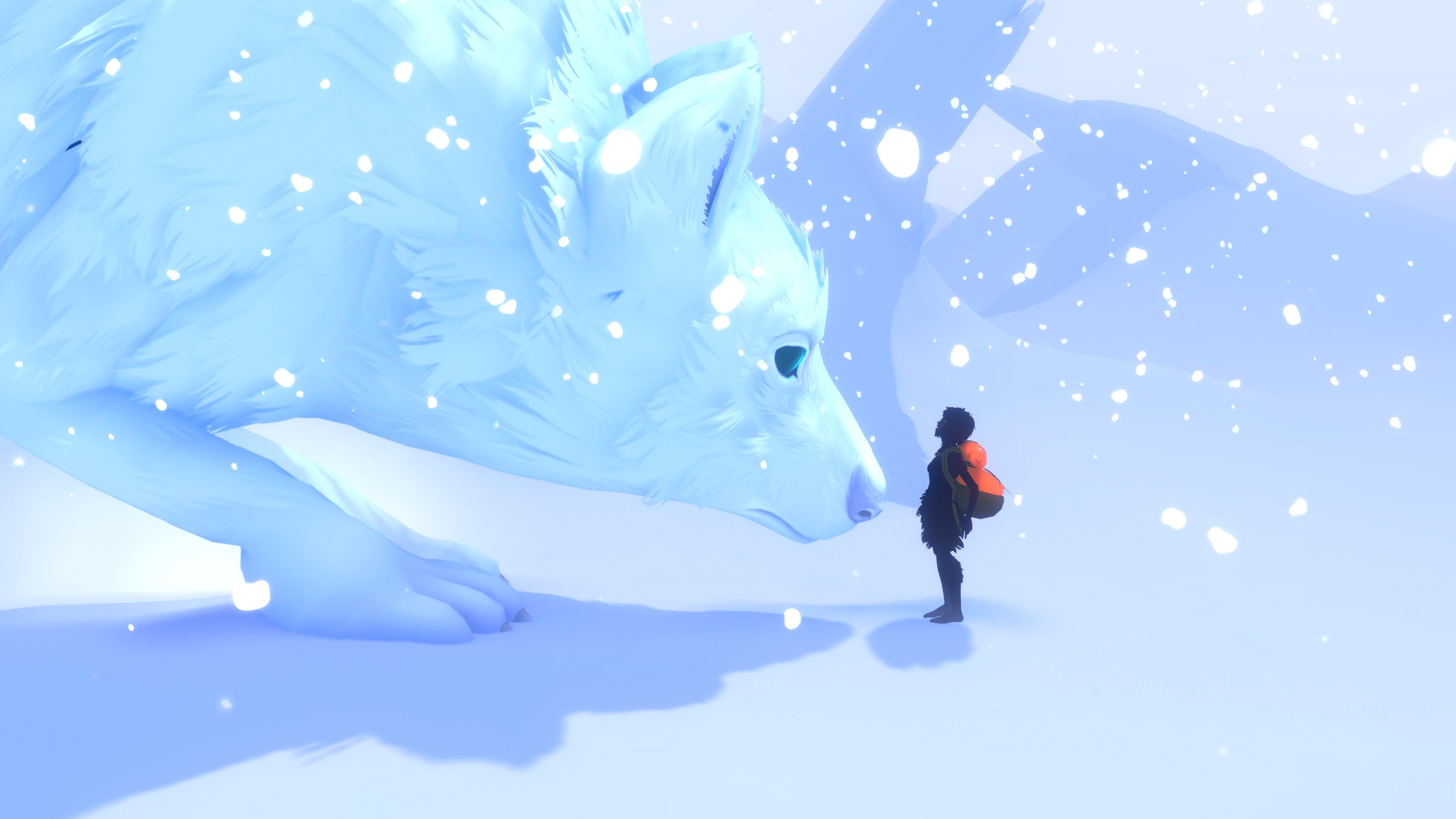 Ein weißer Wolf steht vor einem Menschen in einer verschneiten Landschaft.